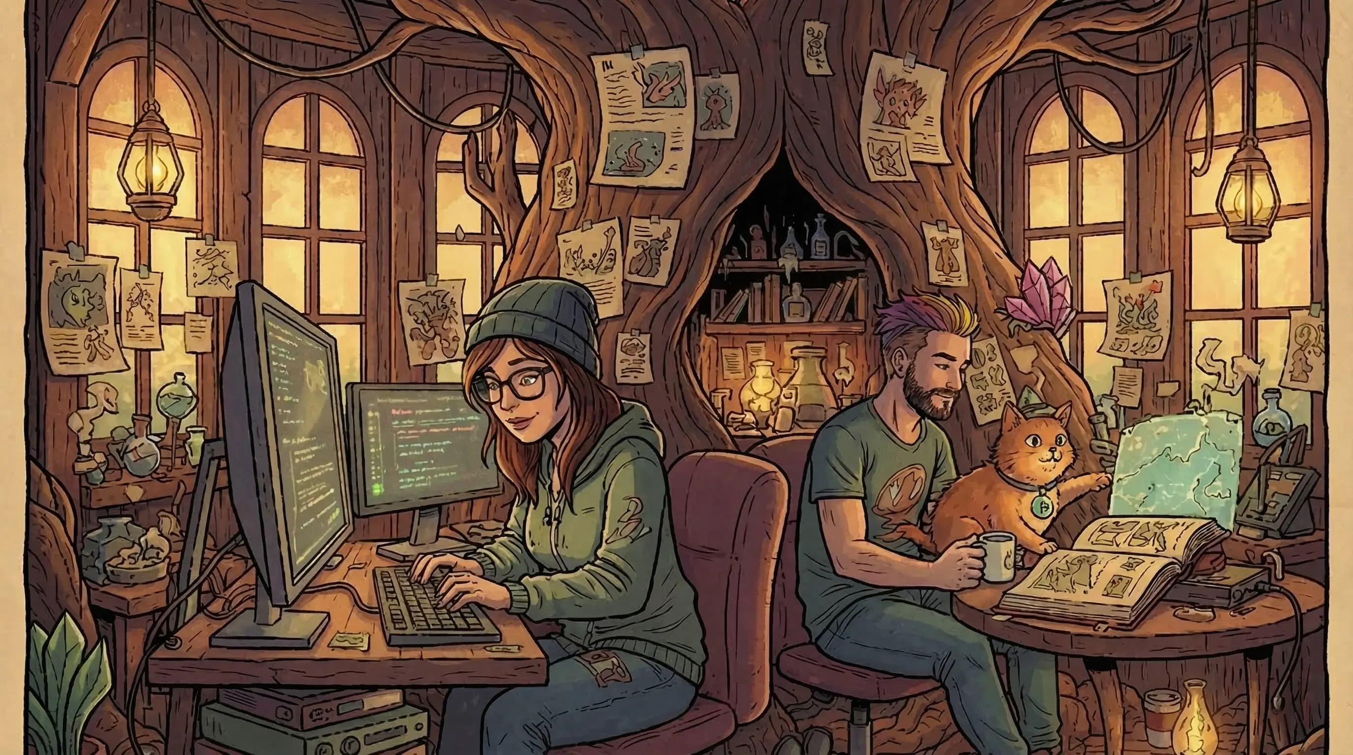 The Guild of Creators: Indie game developers working in a forest studio
