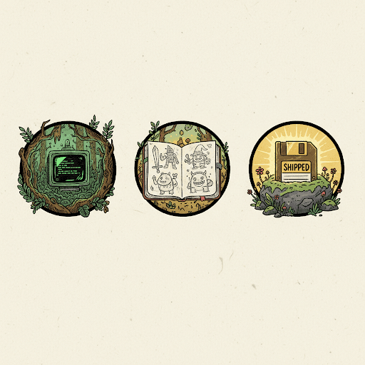 Hand-drawn cat in a tiny green hat perched among dusty scrolls and game controllers — representing the ideas that never leave the drawing board.