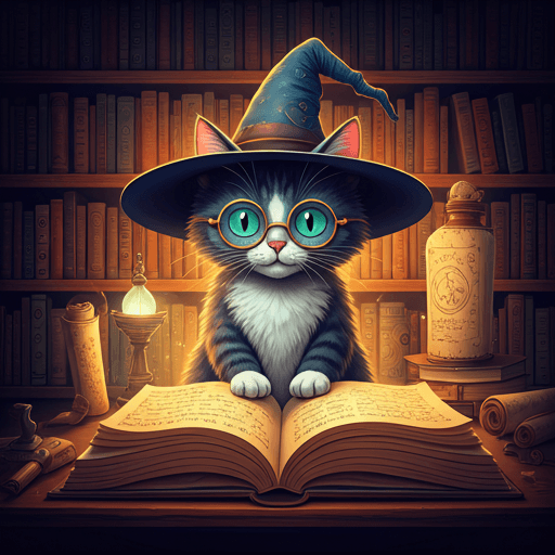 Whimsical stylized illustration of a scholarly cat wearing spectacles and a small wizard hat in a library filled with glowing scrolls