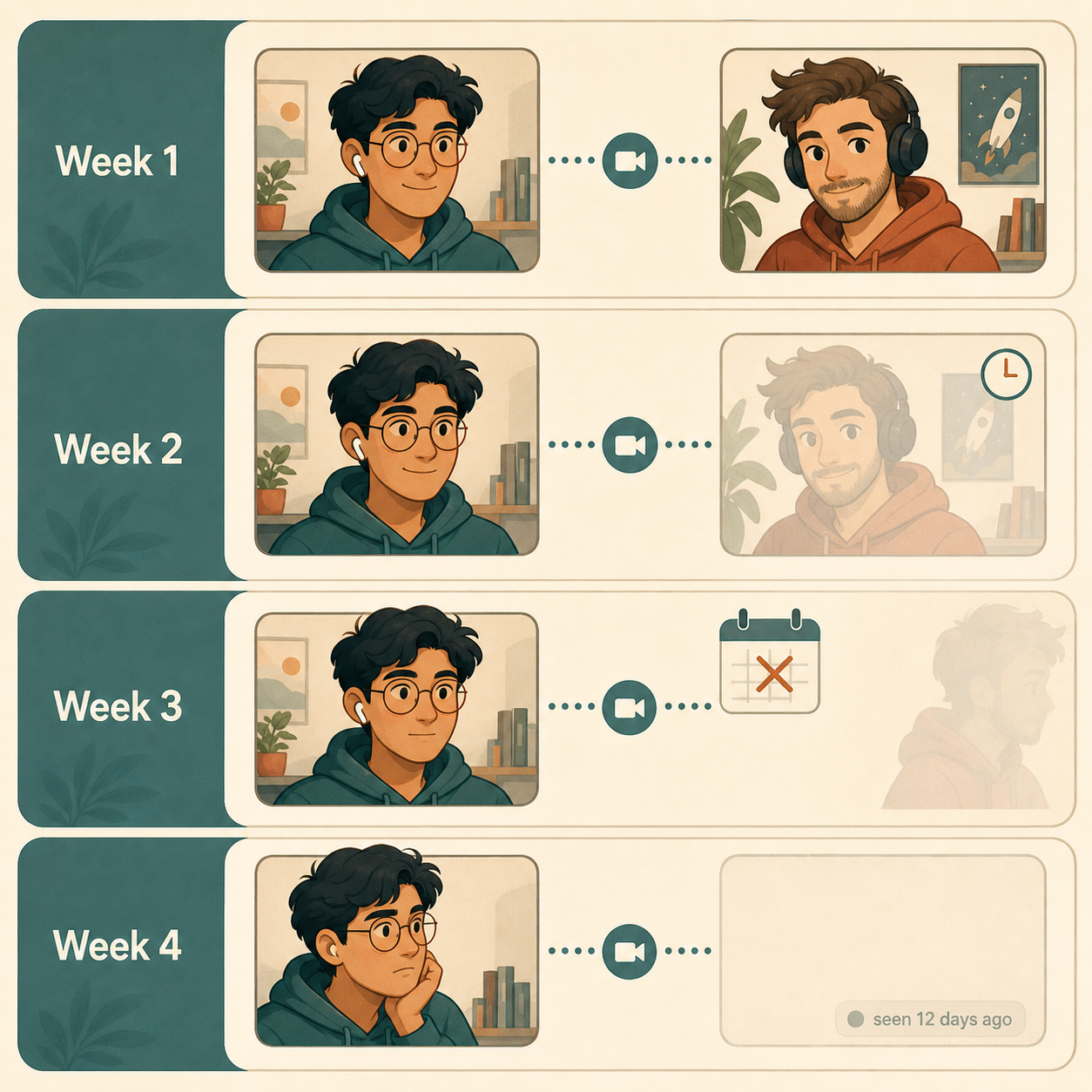 A four-week calendar showing two indie devs' check-in cadence collapsing: full presence week one, partial week two, missed week three, complete silence week four.