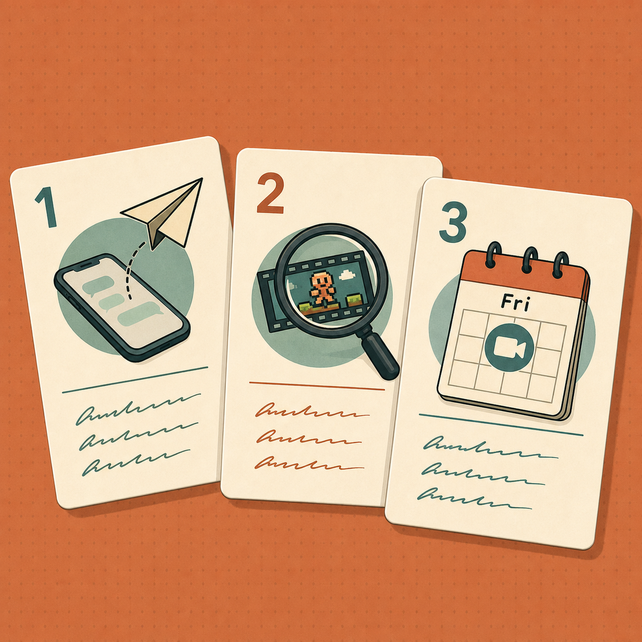 Three numbered action cards: send the trial-two-weeks DM, pick one evidence signal, schedule a 15-minute Friday call.