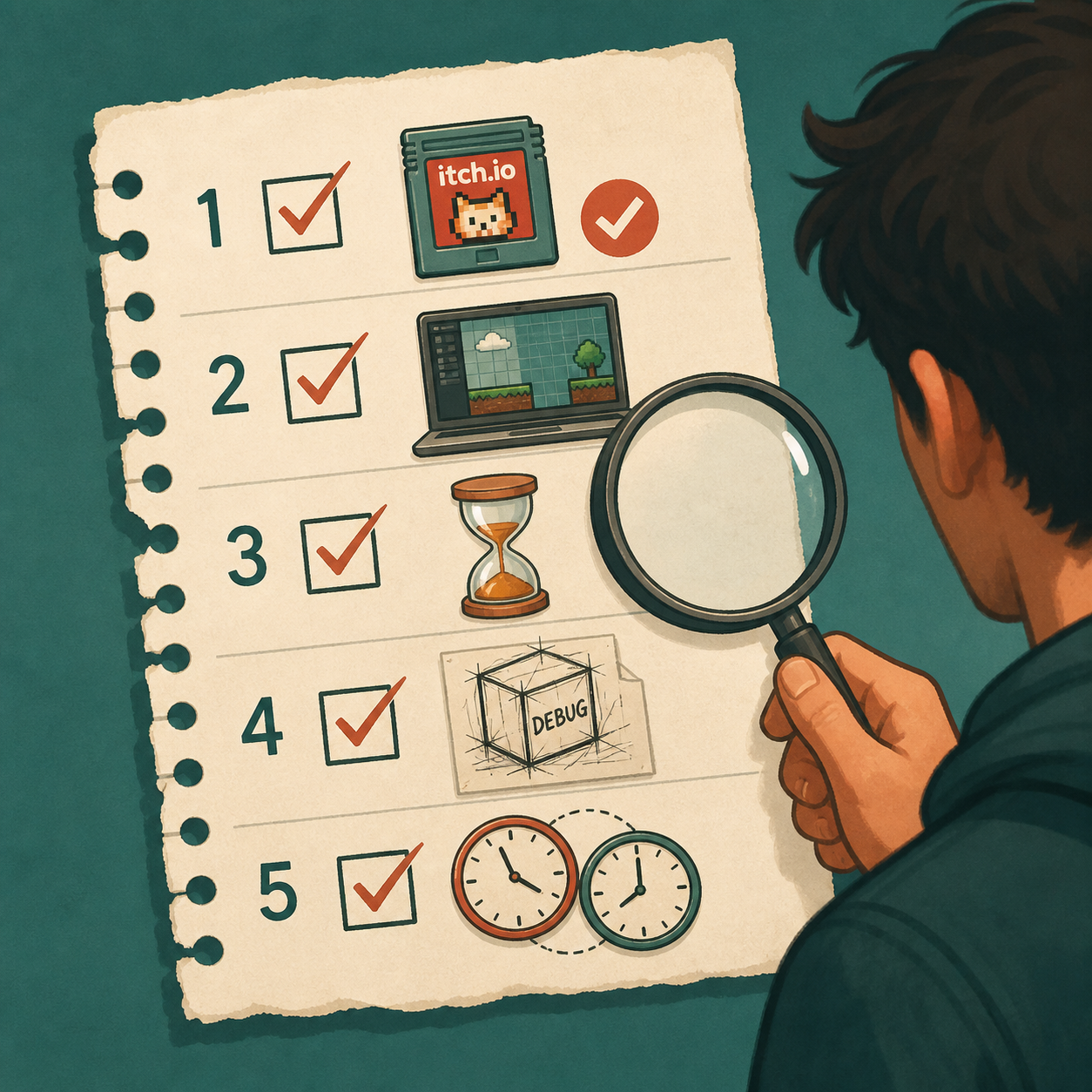 Five checklist items for vetting an indie dev accountability partner: past shipping evidence, visible current project, matched time availability, willingness to show messy WIP, time zone overlap.