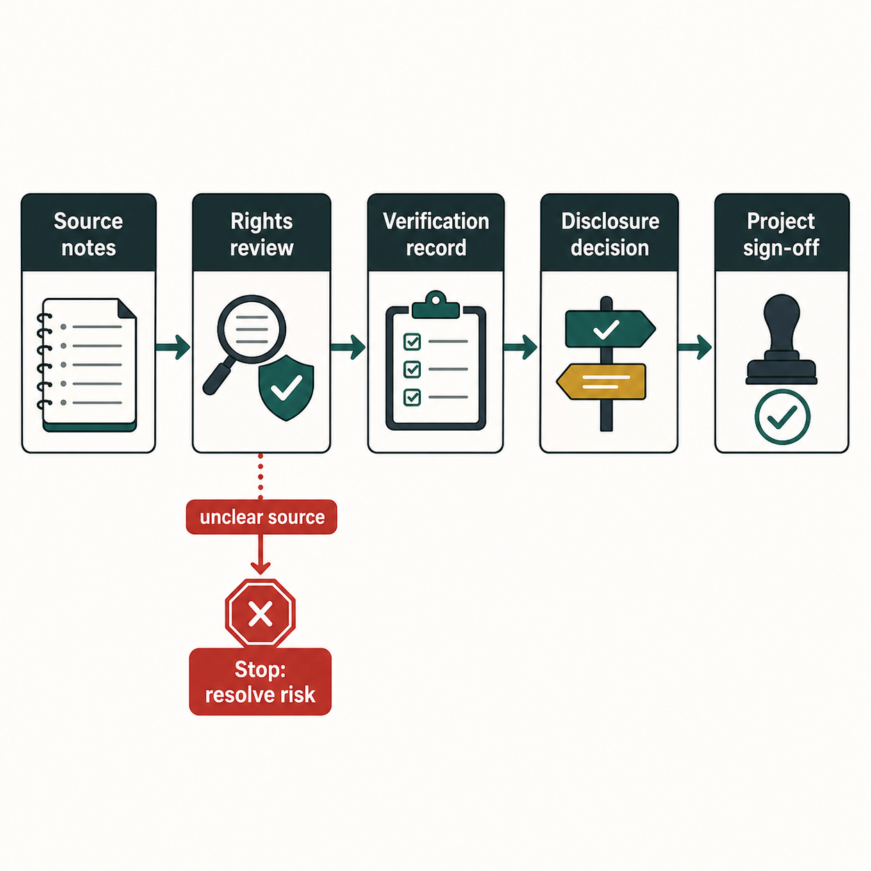 A receipts and disclosure flow shows AI-assisted work moving from source notes to rights review, verification record, disclosure decision, and project sign-off.