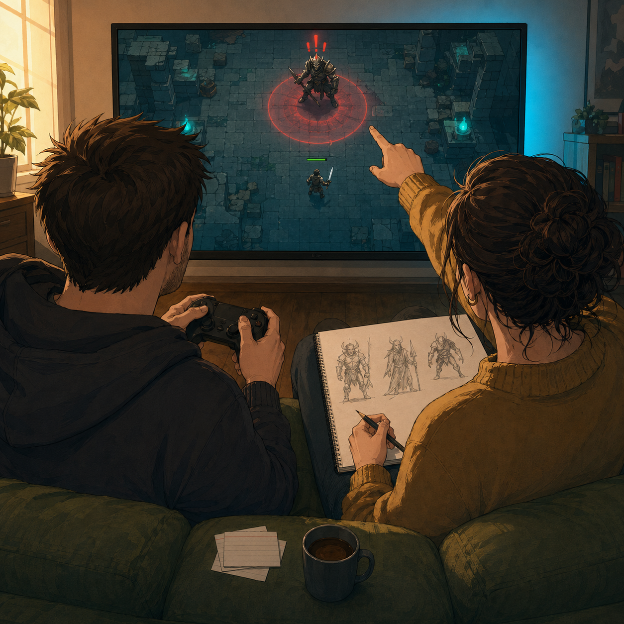 An artist and a dev side by side on a couch playing a prototype. The artist points at the screen while holding an open sketchbook with thumbnail sketches, a partnership moment rather than a vendor transaction.