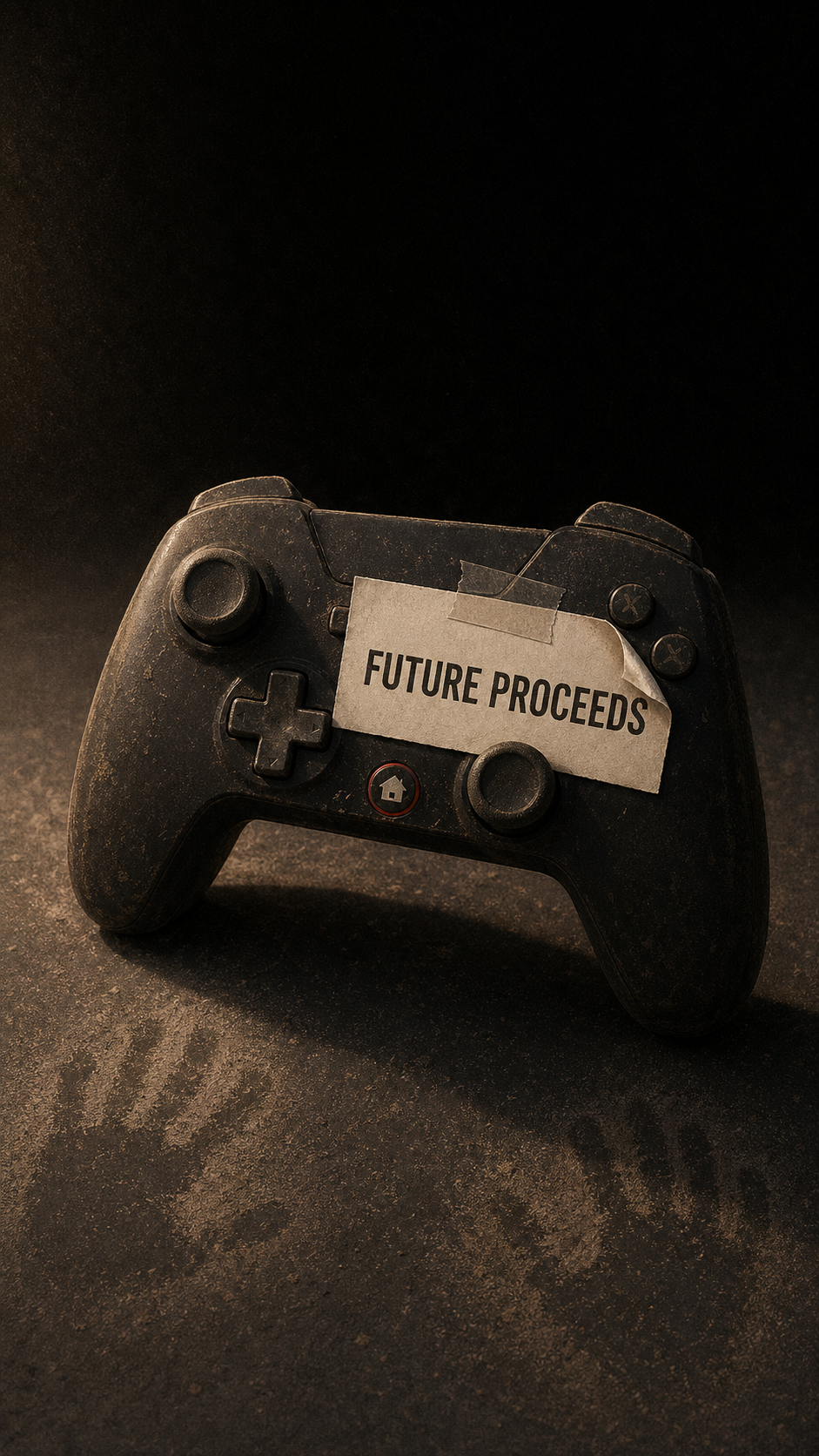 A worn game controller on a dark surface with an IOU note taped to it reading FUTURE PROCEEDS, metaphor for rev-share promises that never pay out.
