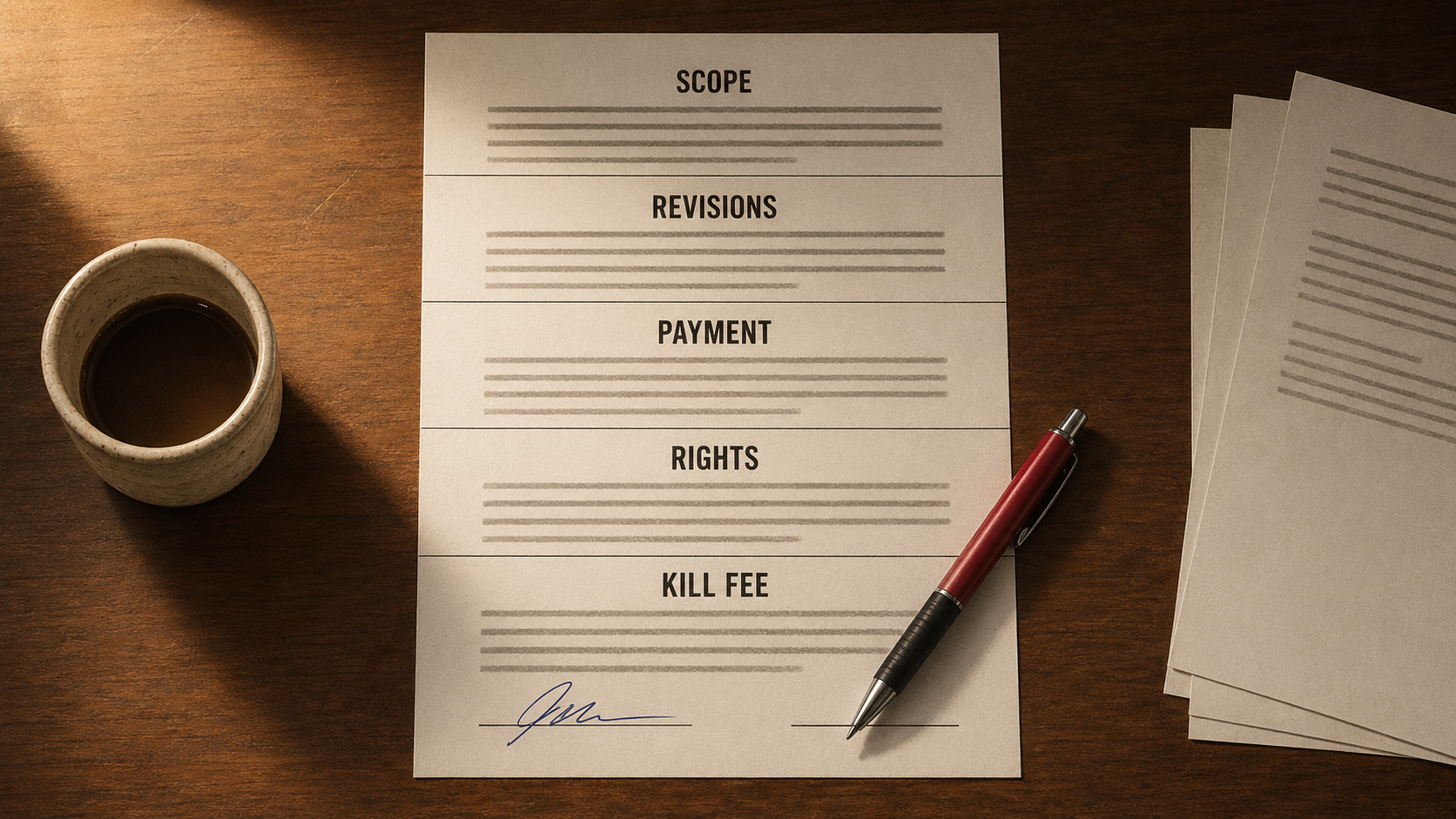 A printed one-page contract on a wooden desk with a pen laid across it. Five section dividers are visible along the page, labeled SCOPE, REVISIONS, PAYMENT, RIGHTS, and KILL FEE.