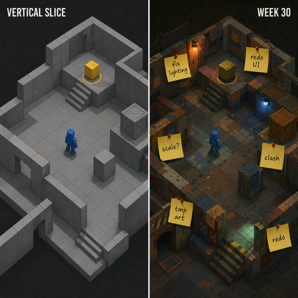 Two versions of the same game scene side by side. The vertical slice version uses clean grey-box geometry. The week-30 version is cluttered with mismatched patch art and sticky notes.