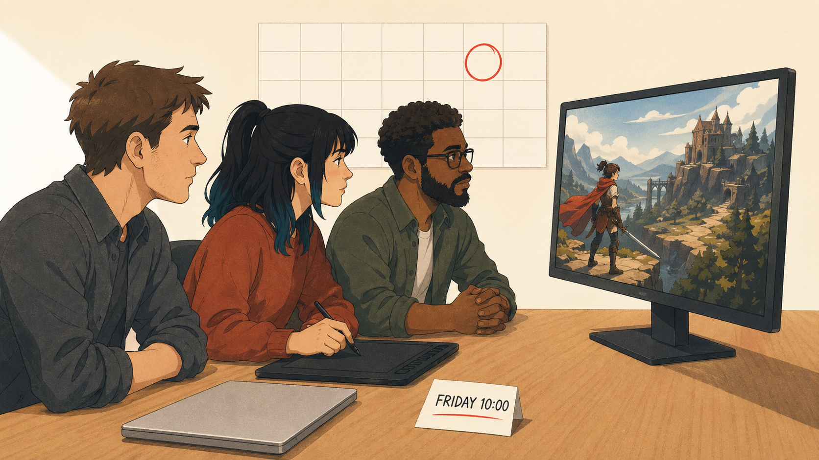 Three people gathered at a single desk reviewing a shared screen in a structured weekly session, with a wall calendar marking Friday and a single agenda card on the desk.