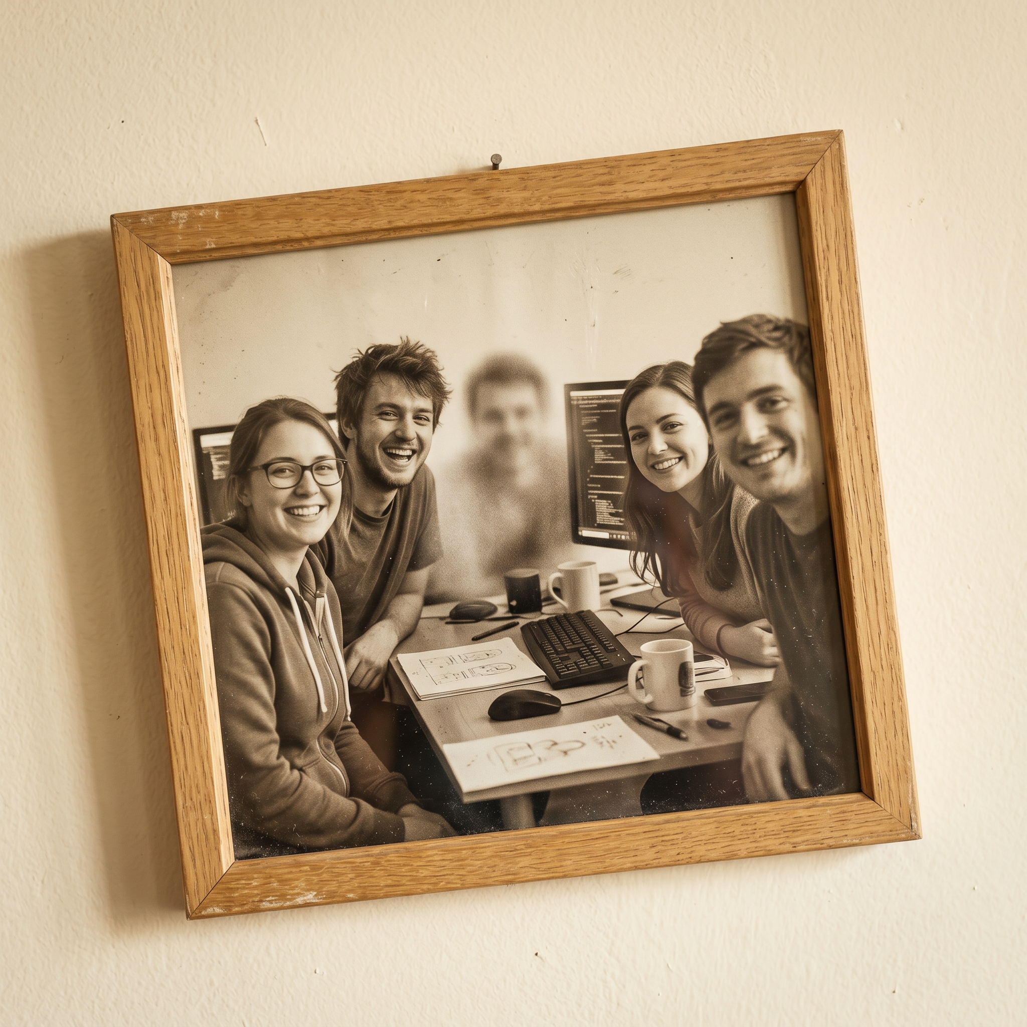 A framed indie team group photo hanging slightly crooked on a wall, one face gently blurred out, representing the silent fade of a teammate nobody discussed leaving.