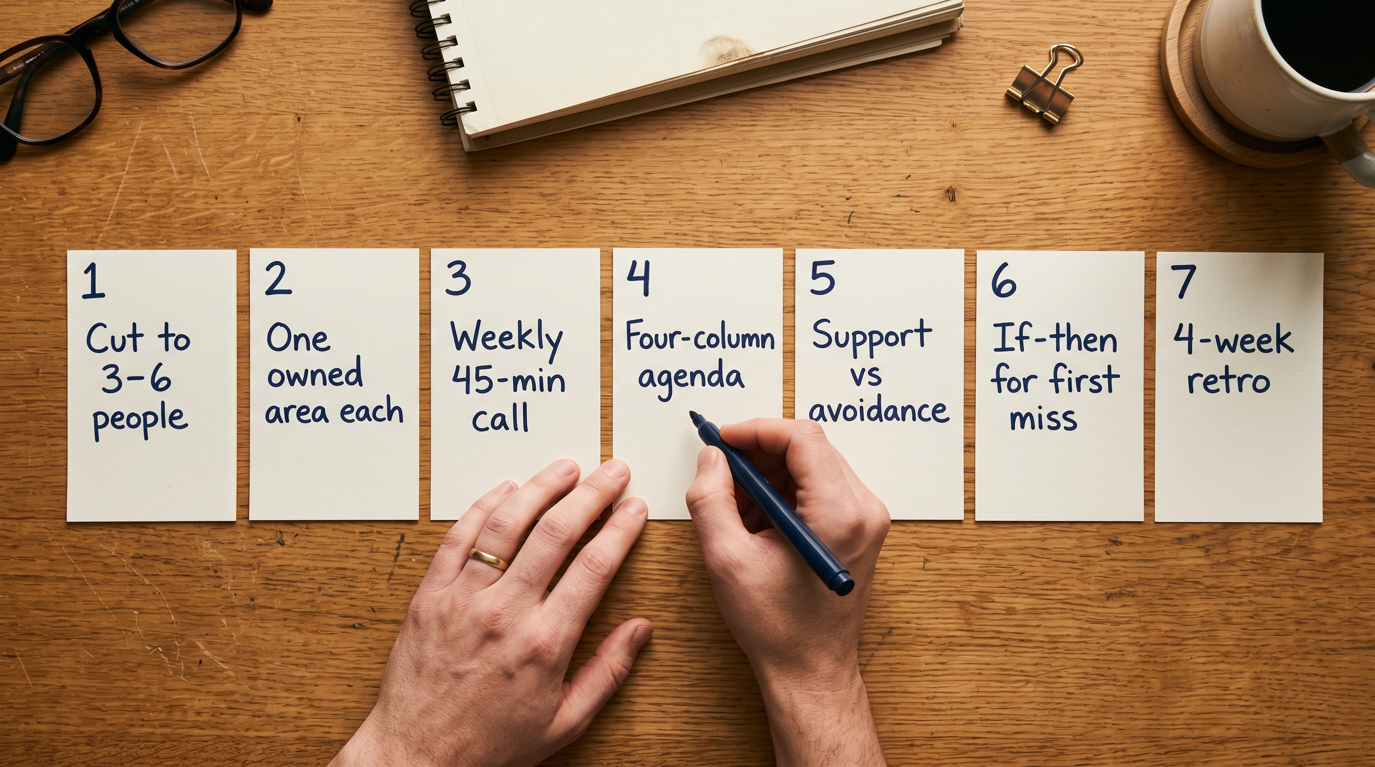 Seven hand-numbered index cards laid out in a row on a wooden desk, each showing one step of running an accountability circle.