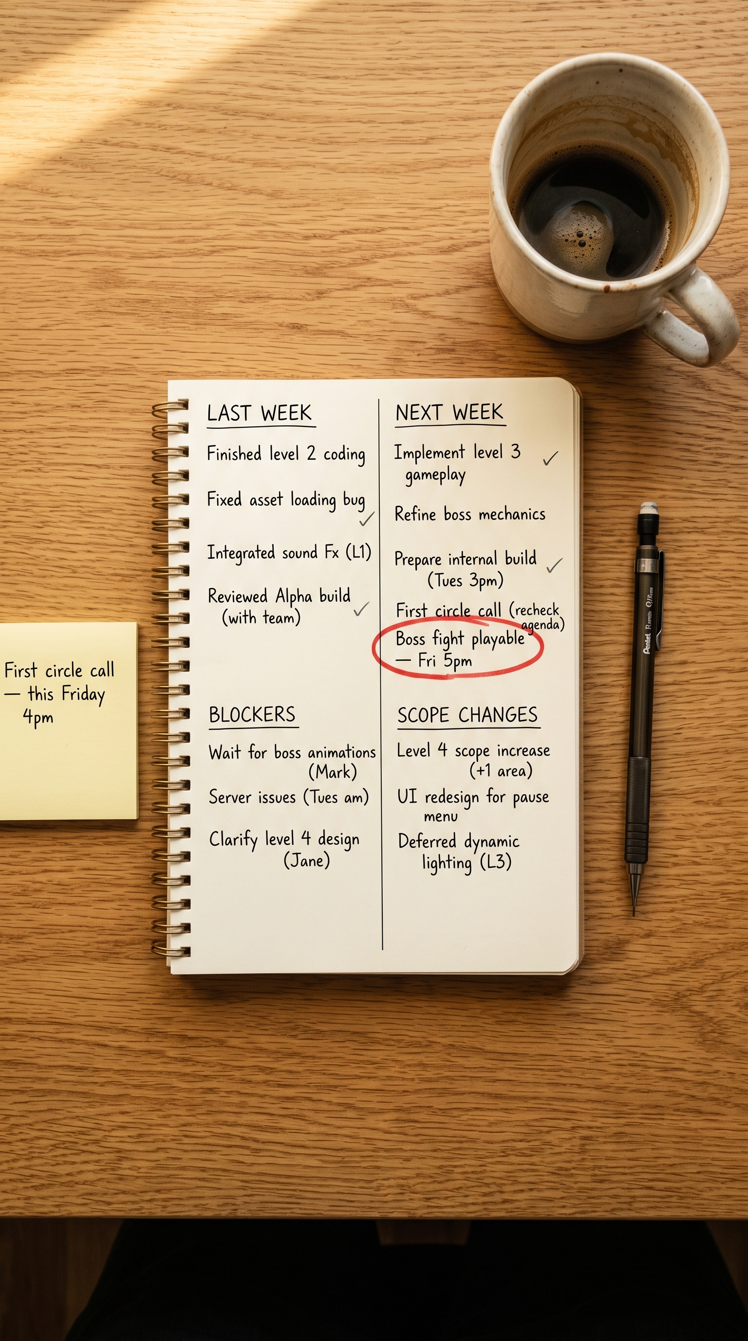 A vertical flat-lay of a handwritten weekly planner page with four columns — last week, blockers, next week, scope changes — next to a coffee cup and a single sticky note with a dated commitment.