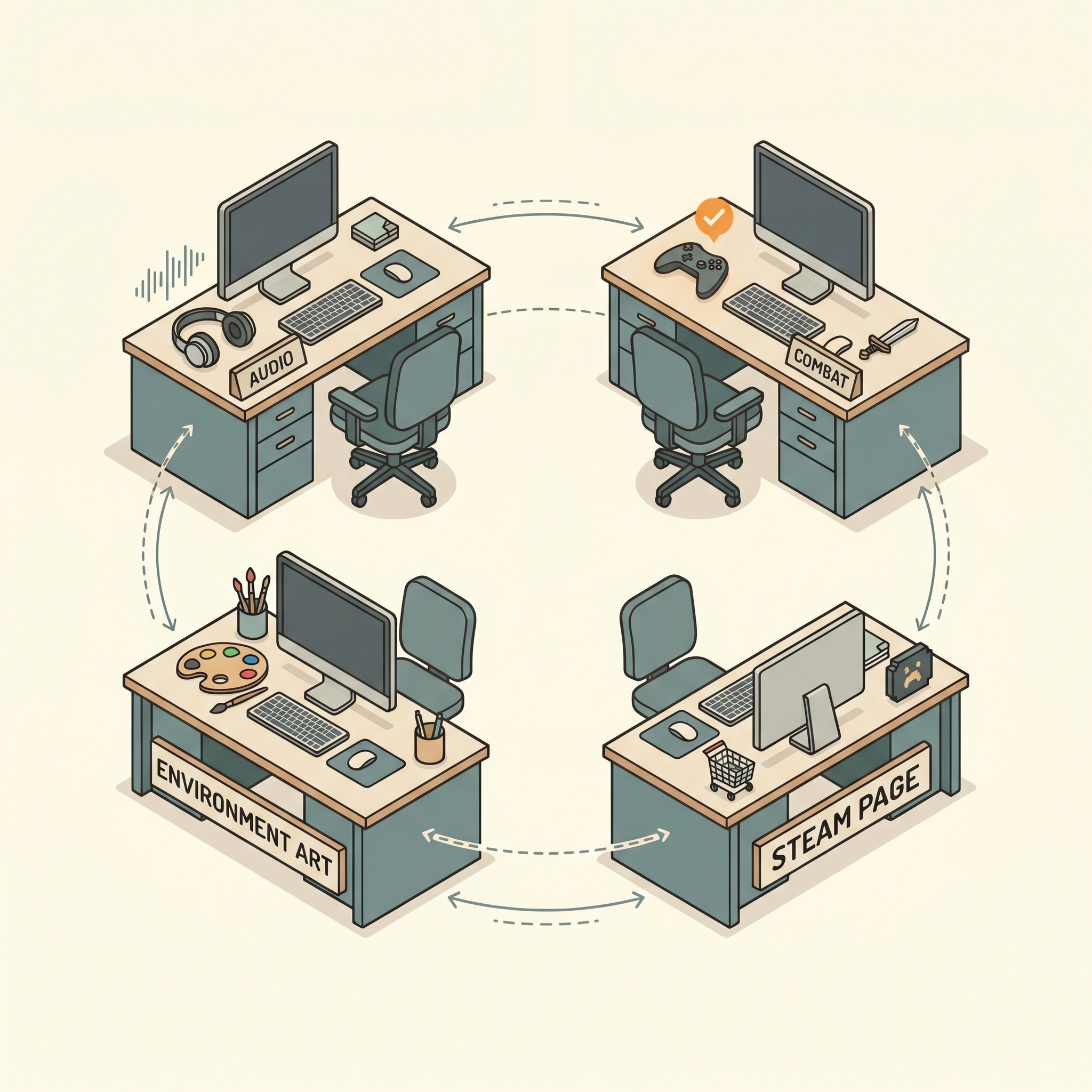 Isometric illustration of four labeled desks arranged in a ring, each owning one area (audio, combat, Steam page, environment art), with thin lines connecting them — the accountability circle structure visualized.