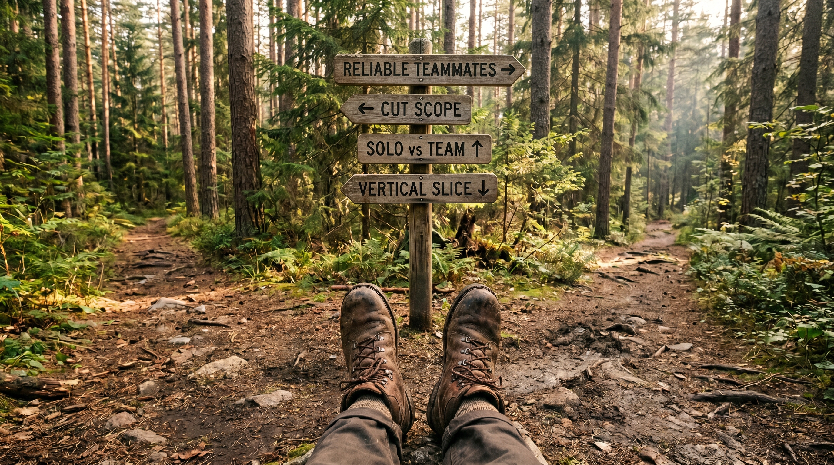 A pair of hiking boots standing at a forked forest trail, with wooden signposts pointing in four directions — each labeled with the slug of a related Clowdr blog post — suggesting the reader's next navigational choice.