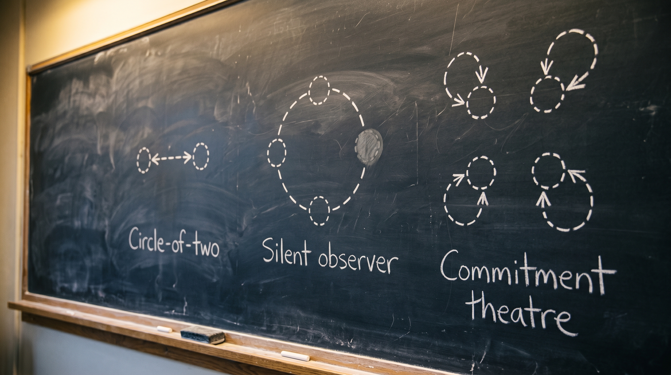 A chalkboard showing three broken-circle diagrams labeled Circle-of-two, Silent observer, and Commitment theatre — the three anti-patterns that kill accountability circles.