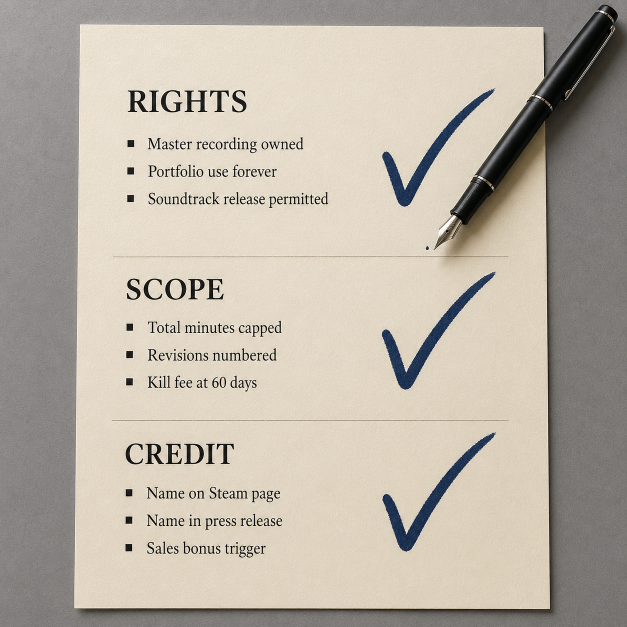 Top-down view of a single one-page composer agreement on cream paper, divided into three equal horizontal sections - each section headed with a single word (RIGHTS, SCOPE, CREDIT) and each section already signed with a thick dark-blue check mark drawn by the pen resting across the top-right of the page.