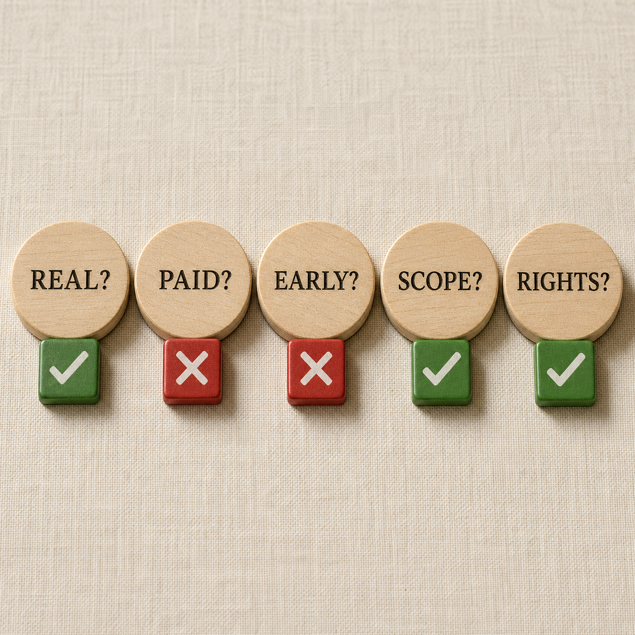 Five wooden poker-style chips arranged in a horizontal row on a pale fabric surface, each chip printed with a single one-word question - REAL?, PAID?, EARLY?, SCOPE?, RIGHTS? - and each paired with a small green check or red X token placed beside it, visualizing a test score.