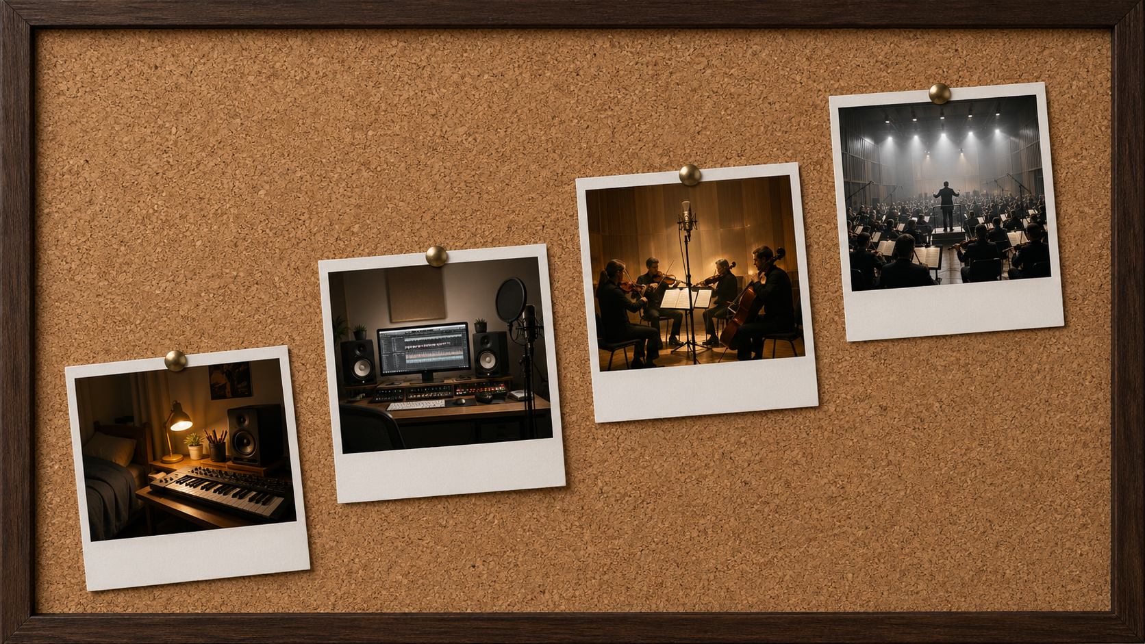 A cork pinboard mounted on a wall with four polaroid-style photos pinned in an ascending diagonal line from the lower-left corner to the upper-right corner, each photo showing a different stage of a composer's career - from an intimate bedroom studio to a small indie studio recording session to a chamber ensemble to a large scoring stage - representing an indie credit as a career launchpad.