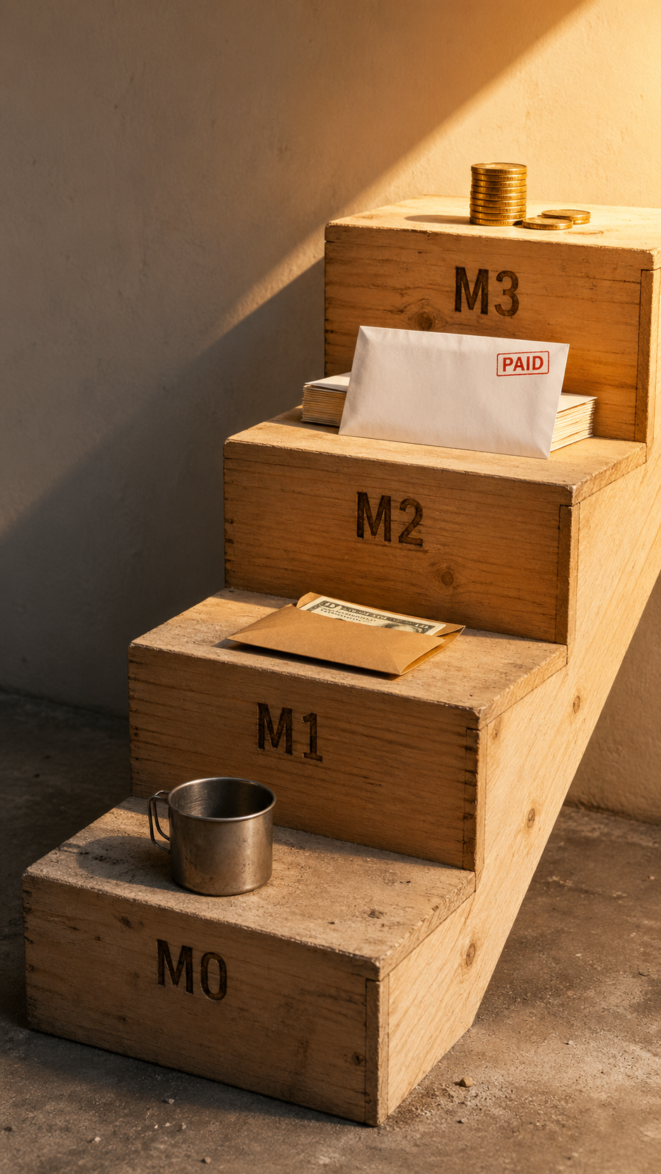 Side-on view of a four-step wooden staircase rising from a dusty cement floor at the bottom to a sunlit platform at the top - each step is marked with a burned-in label (M0, M1, M2, M3) and carries a single representative object, from an empty tin cup on M0 to a stack of gold coins on M3, showing the milestone conversion from free work to paid royalties.