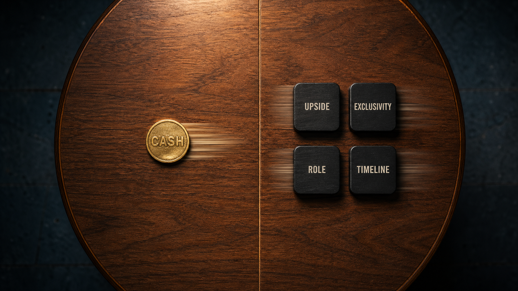 Close-up overhead shot of a small round wooden negotiation table split by a clear centerline - one side shows a single brass coin stamped CASH being pushed across the line, while four matte wooden tokens labelled UPSIDE, EXCLUSIVITY, TIMELINE, and ROLE are arrayed on the other side, being pushed back in exchange.