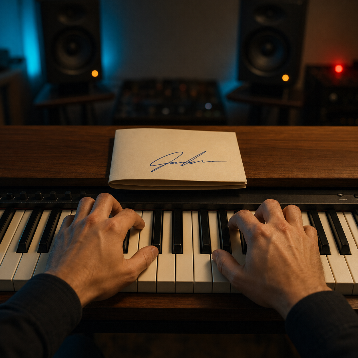 First-person point-of-view photograph over a composer's shoulder, looking down at their own hands resting on a MIDI keyboard in playing position - a signed one-page contract sits folded in the immediate foreground on the keyboard's wooden shelf, the studio monitors glow in the blurred middle distance, and a single red record light is visible pulsing at the far edge of the frame.