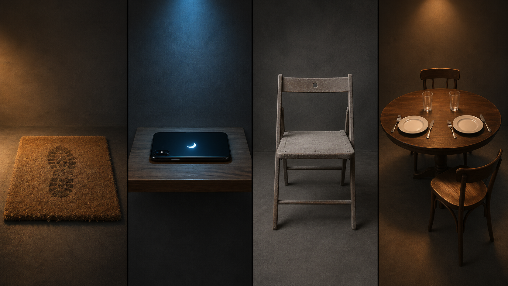 Four small object vignettes arranged in a single horizontal strip against a muted slate background - left to right: a worn doormat printed with a faint shoe print, a smartphone face-down on a shelf with a 'do not disturb' moon icon glowing on its back, an empty folding chair with a thin layer of dust, and a dinner table set for two with one chair pulled out empty - each vignette representing one pitfall of unpaid composer work.