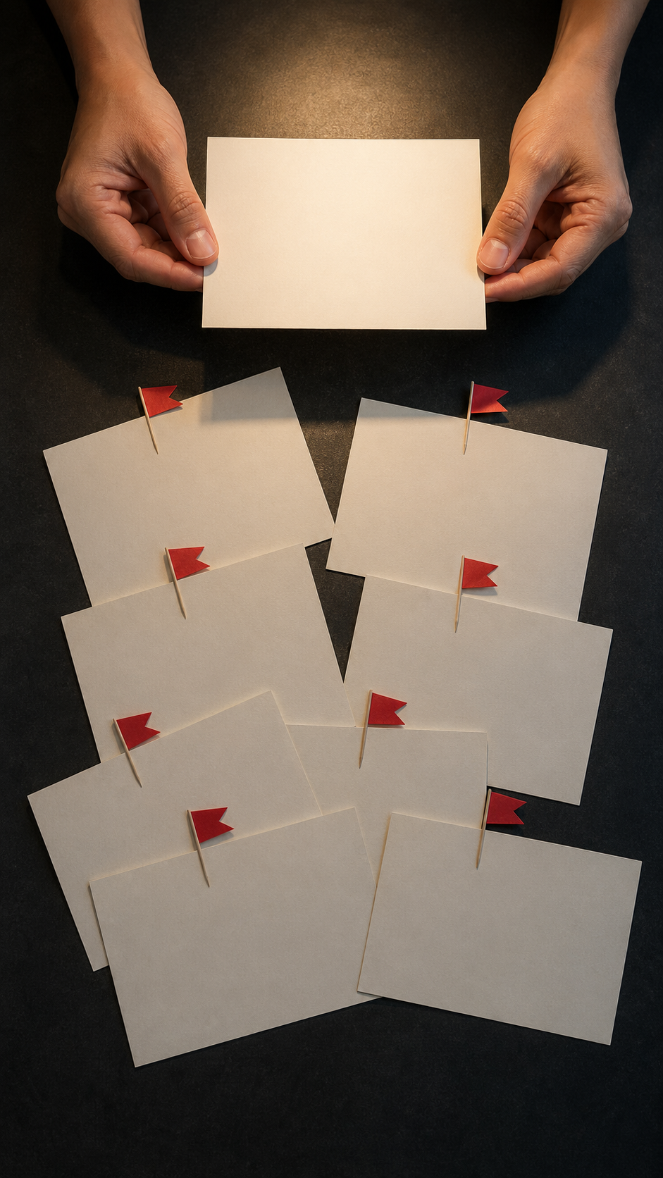 Overhead view of two hands sorting through a stack of project pitch postcards on a dark desk - eight postcards fan out below, each marked with a physical red paper flag stuck to its top edge, while a single clean postcard without a red flag is held up toward the light for closer inspection.