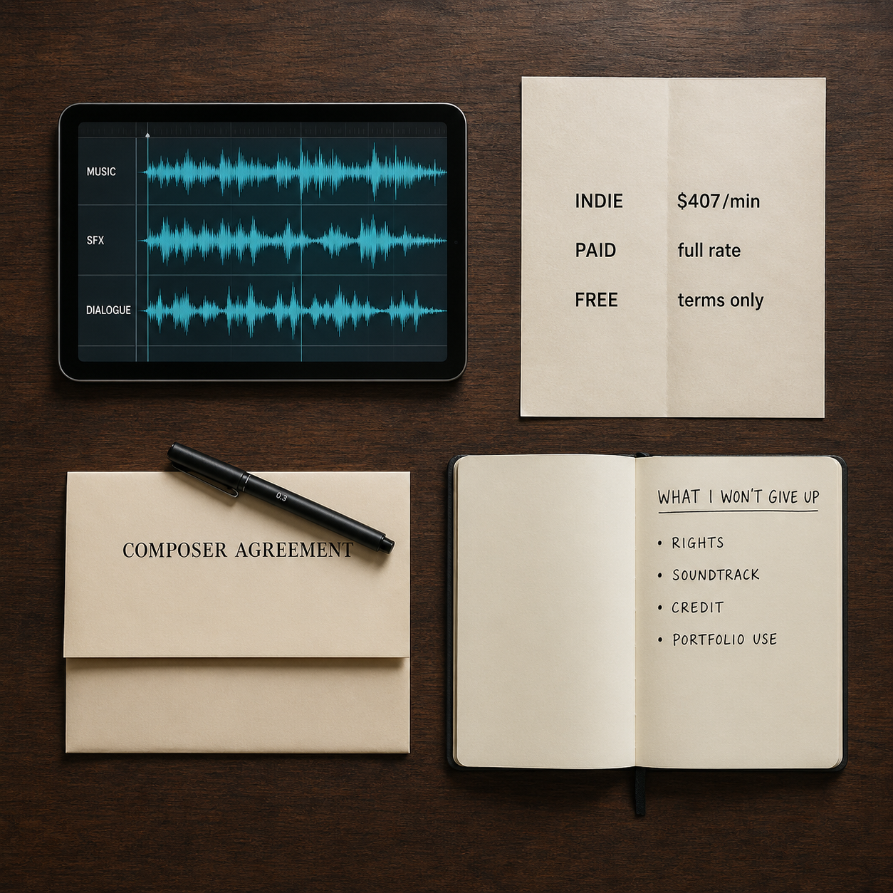 Four tangible preparation items arranged on a dark wood surface before any unpaid composer deal: a tablet showing an audio waveform reel, a printed rate card with per-minute numbers, a folded one-page contract template, and an open notebook page with the handwritten header 'What I won't give up.'