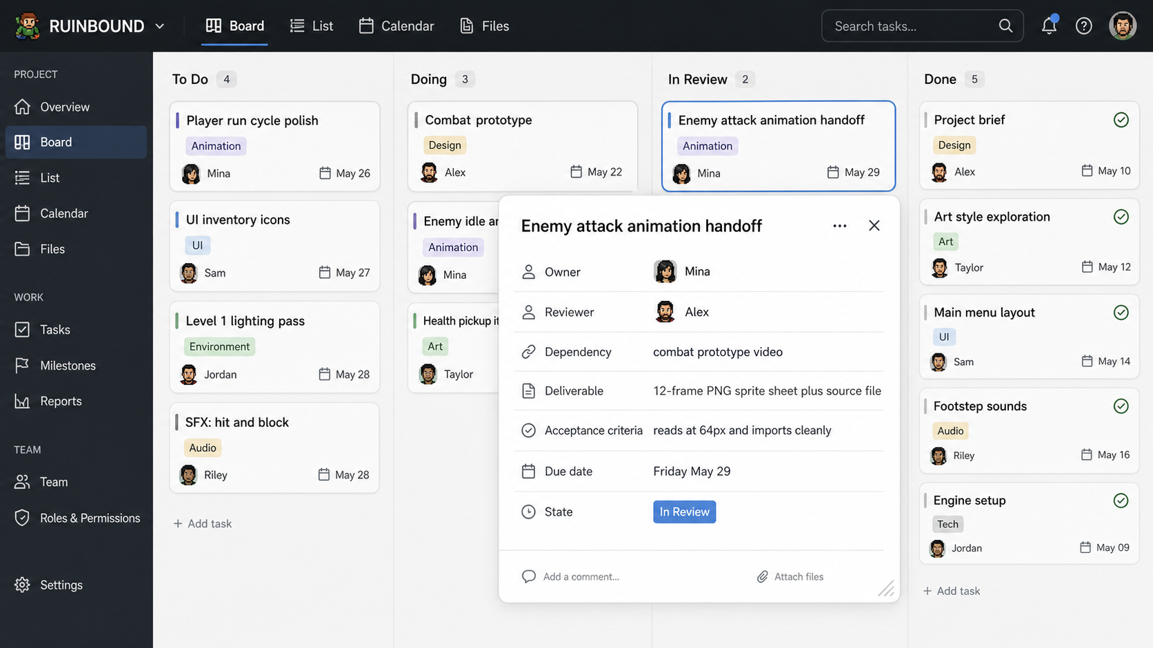 A task card shows one owner, one reviewer, dependencies, deliverables, acceptance criteria, due date, and an in-review state.