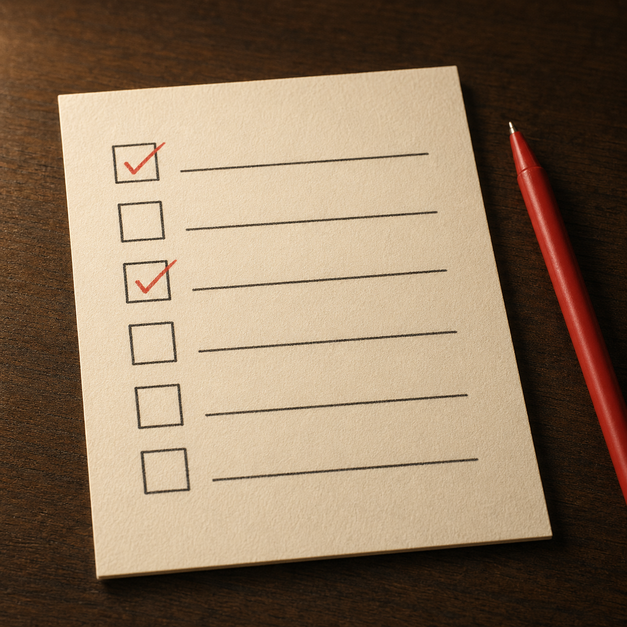 Macro close-up of a cream index card on a dark walnut surface showing a column of six small checkboxes, two of them marked with red ink checkmarks.