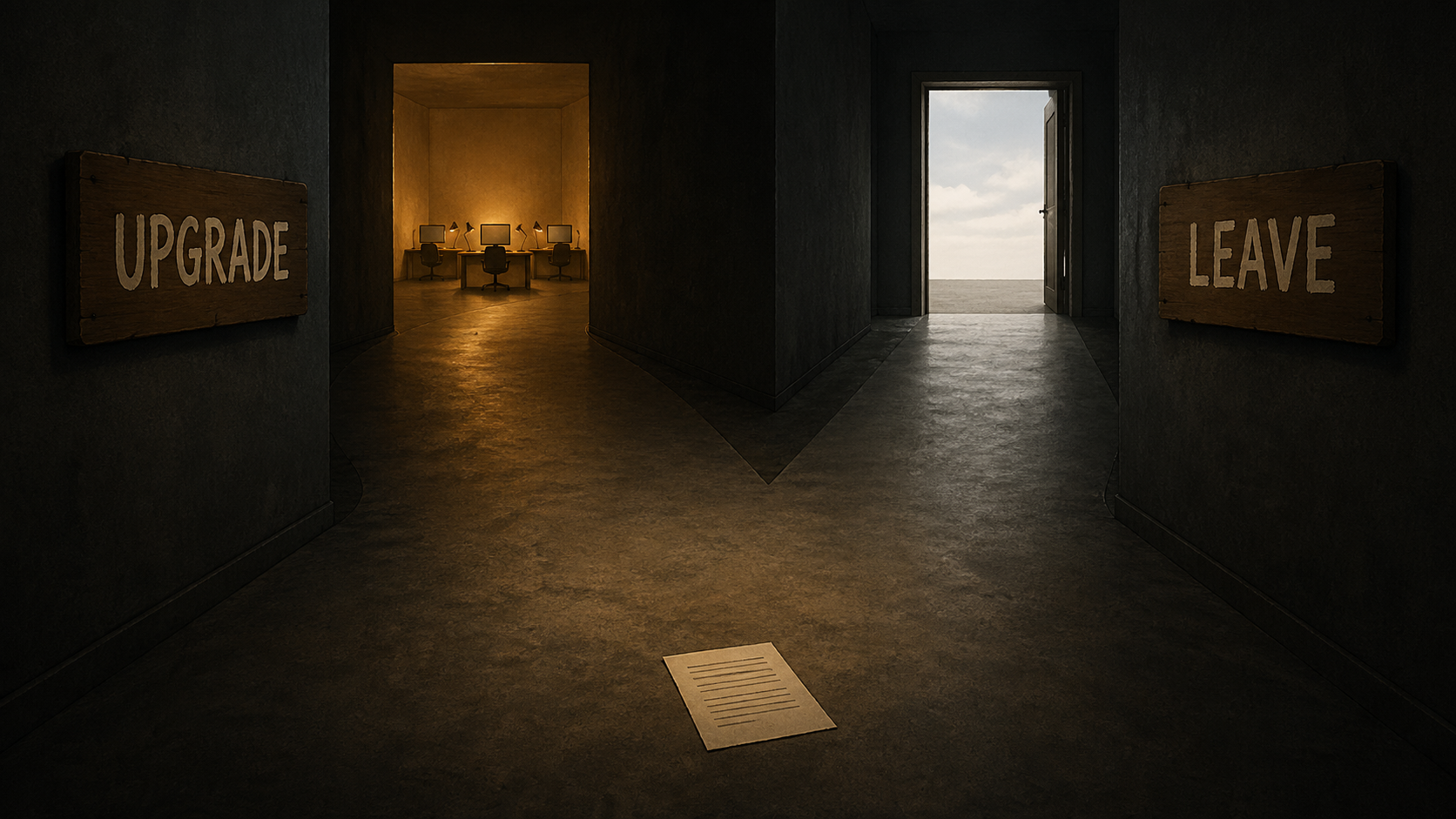 First-person view down a dark corridor forking into two paths, one marked UPGRADE toward a warmly lit studio, the other marked LEAVE toward an open exit doorway.
