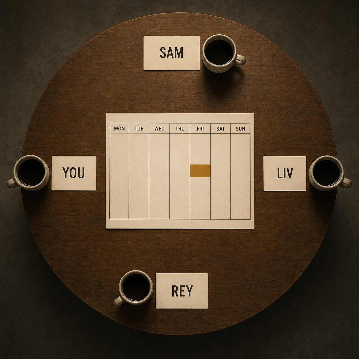 Overhead view of a small round wooden table with a weekly calendar at the center, a Friday demo block highlighted in amber, and four place settings each marked by a named card and a cup.