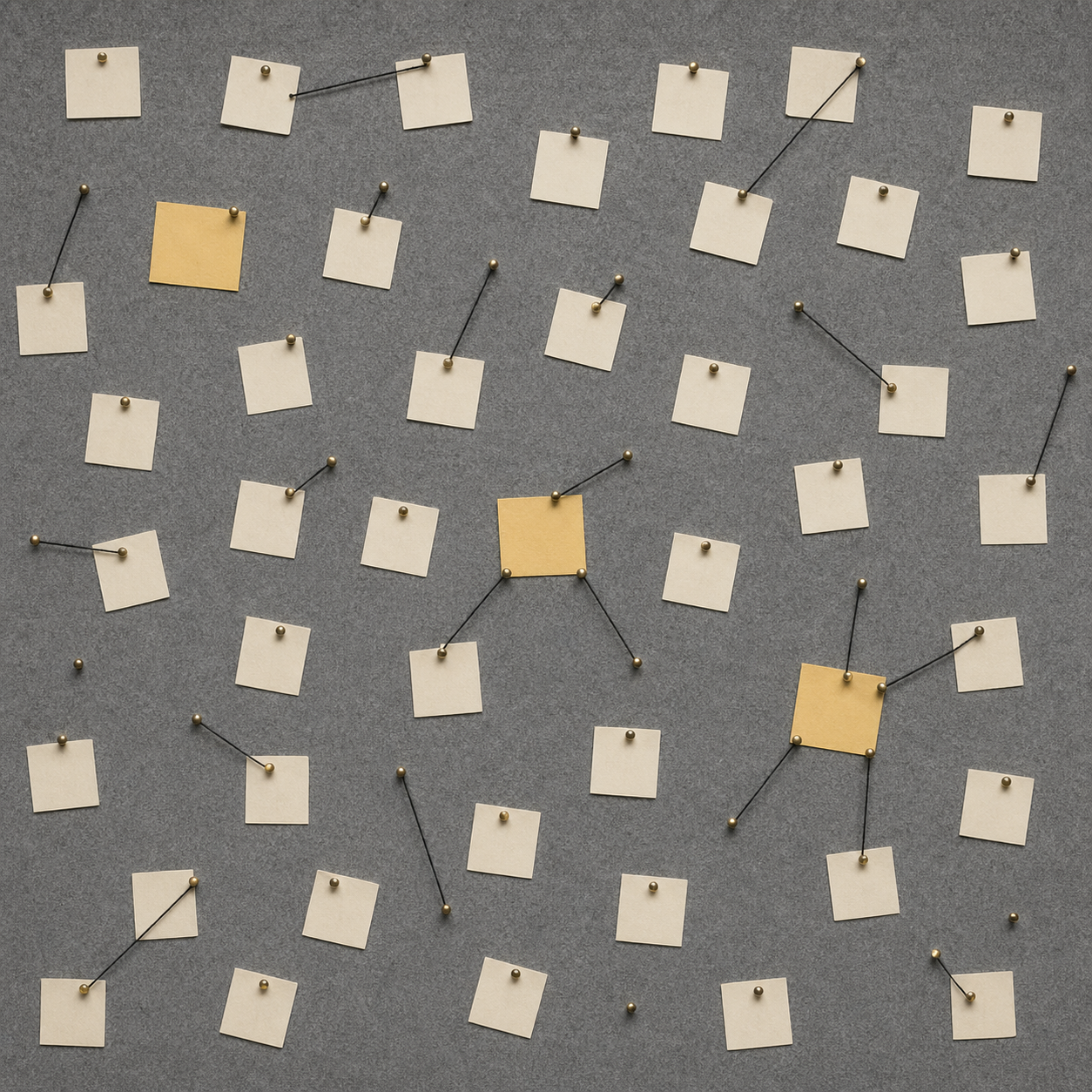 Top-down overhead view of a grey felt pinboard covered with scattered blank cream notes and thin threads, most threads ending at empty pins.