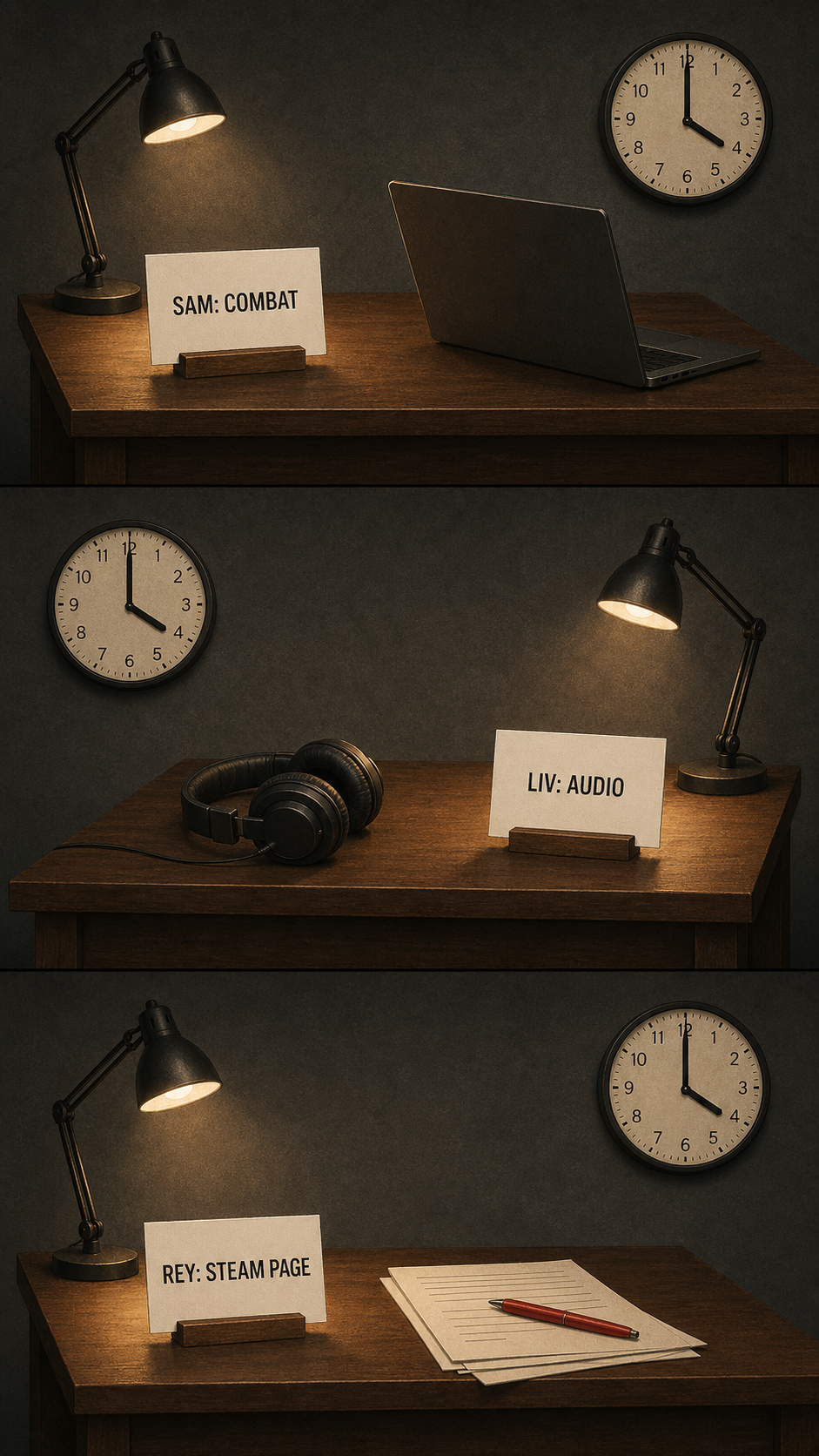 Vertically stacked illustration of three small desk workstations, each with one named owner card, one task prop, and one clock showing the same time.