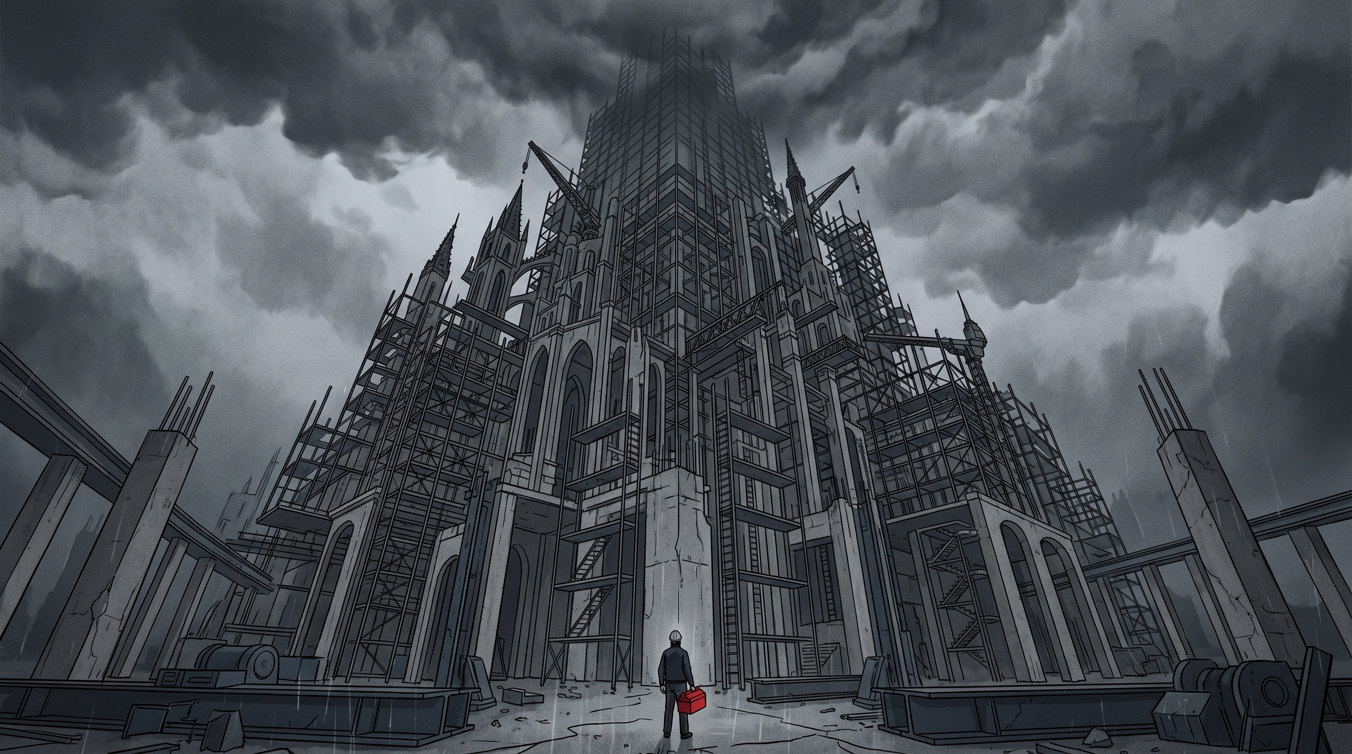 A single small figure stands at the base of an impossibly massive construction scaffold stretching into the clouds, holding only a tiny toolbox — illustrating the mismatch between AAA ambition and indie resources.