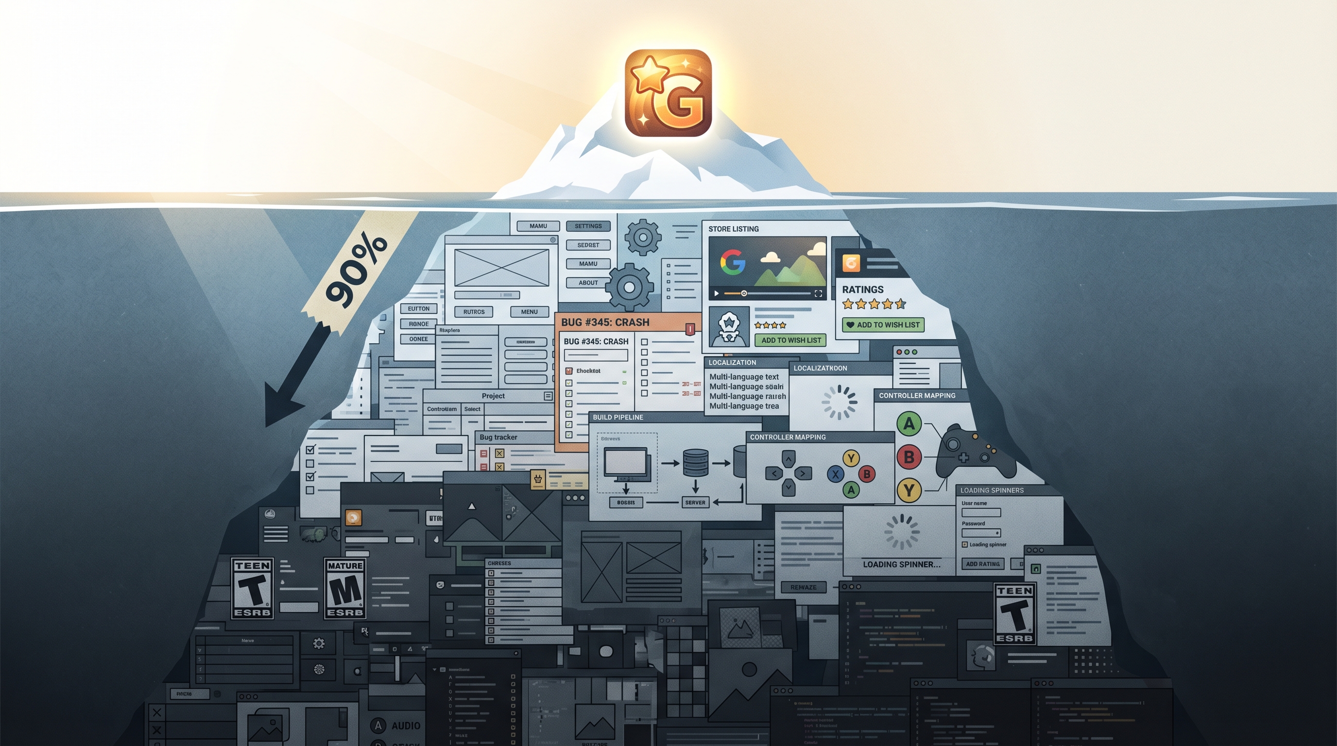 An iceberg cross-section where the tiny visible tip above water shows a polished game icon, while the massive submerged portion reveals dense layers of unglamorous dev tasks — UI wireframes, bug tickets, store icons, build pipelines.