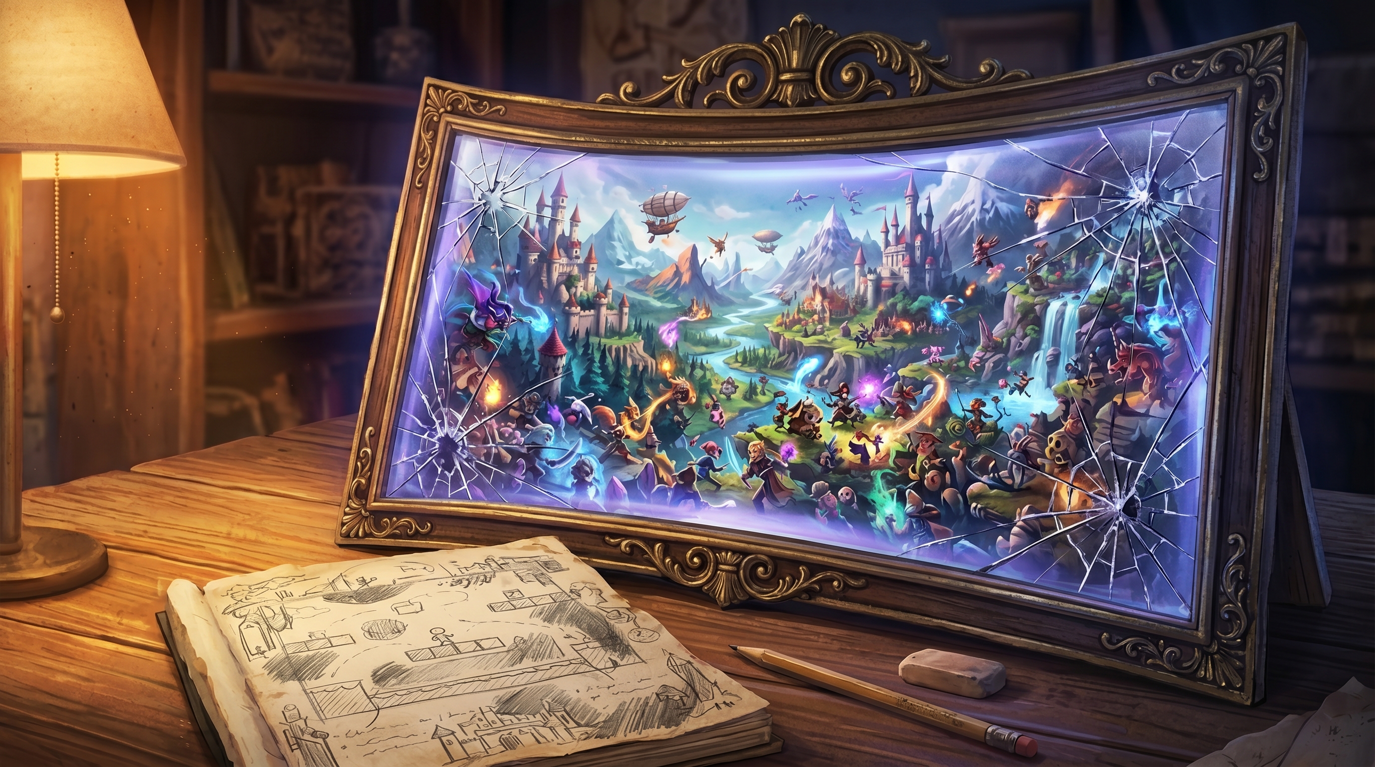 A funhouse mirror reflecting a small notebook sketch as a massive, impossibly detailed game world — the reflection is beautiful but wildly distorted, showing the gap between what a solo dev plans and what the plan actually requires.