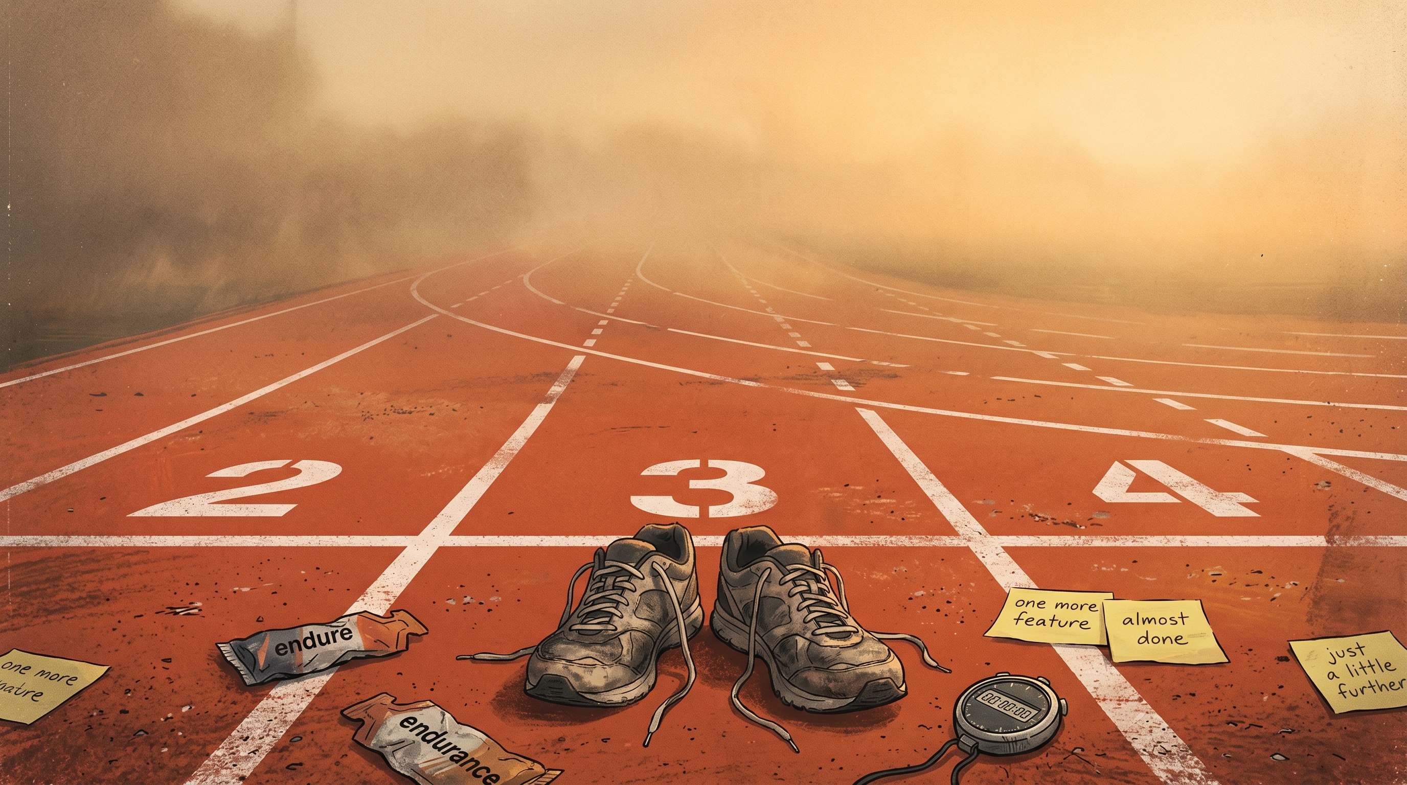 An endless, curving running track stretching into fog with no visible finish line — lane markings fade and dissolve into mist, while a single pair of worn-out running shoes sits abandoned mid-lane.