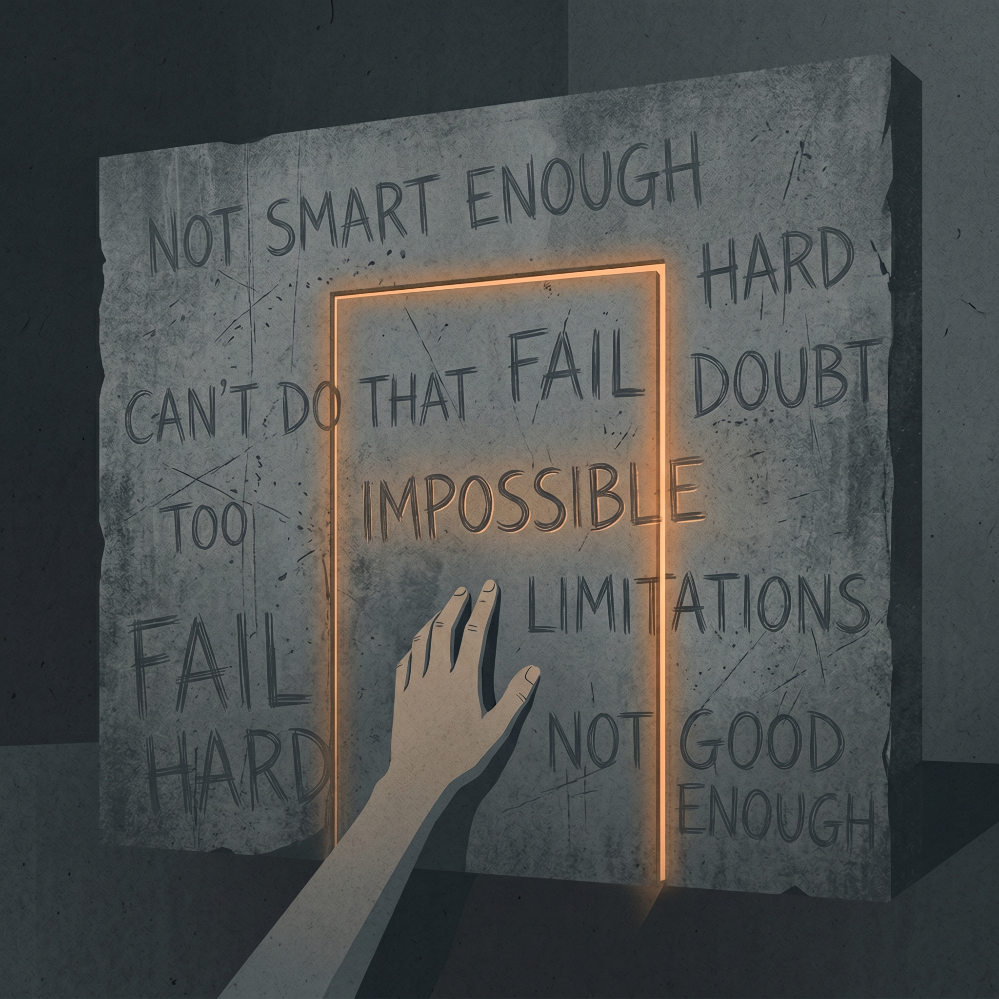 A solid wall with a faint door-shaped outline glowing at its edges, and a hand reaching toward it — representing the shift from 'I can't' to 'How would I?'