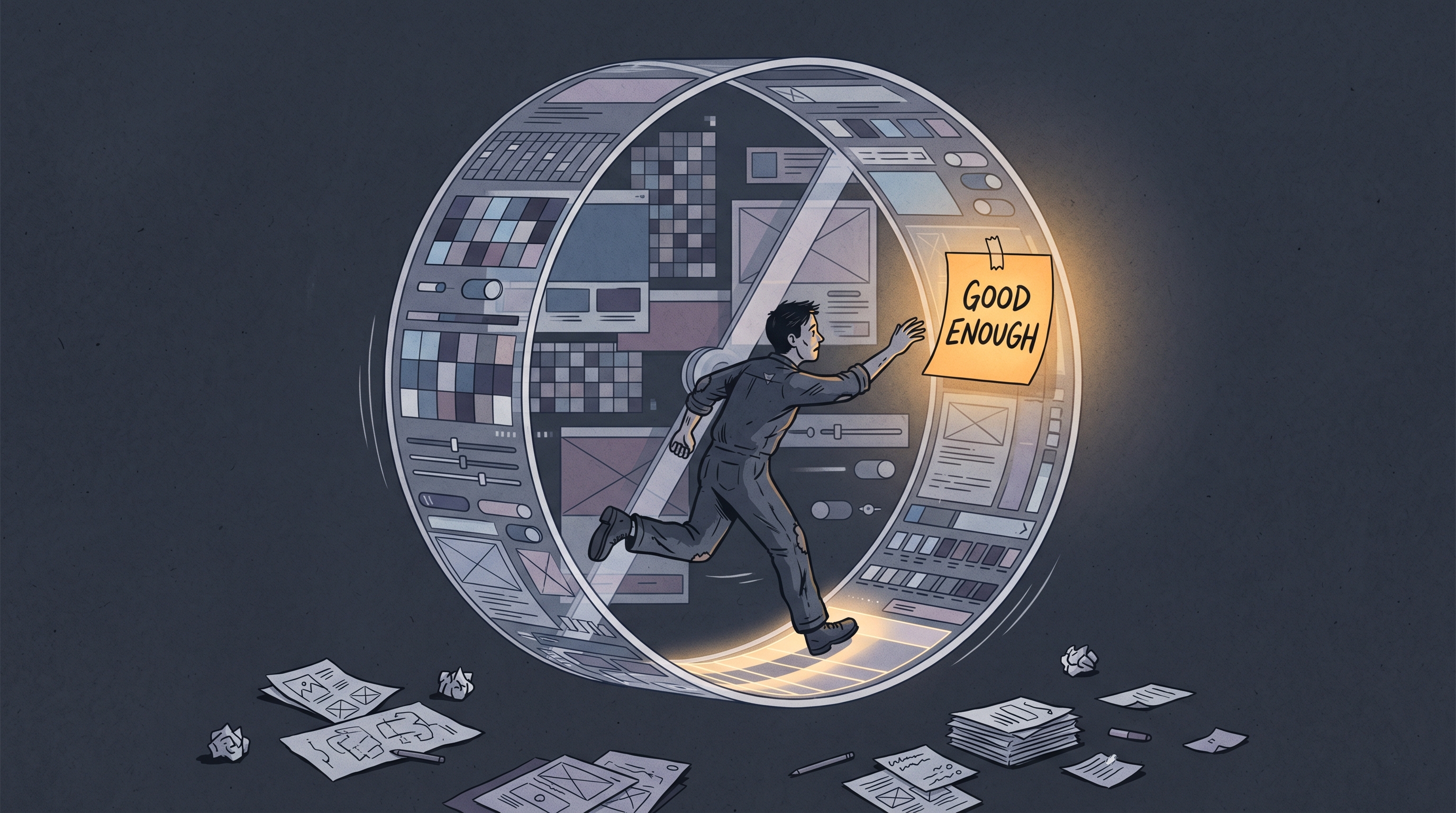 A figure trapped in a hamster wheel made of overlapping UI color swatches and pixel grids, running endlessly in a void, while a single sticky note reading 'good enough' glows nearby as an escape hatch.