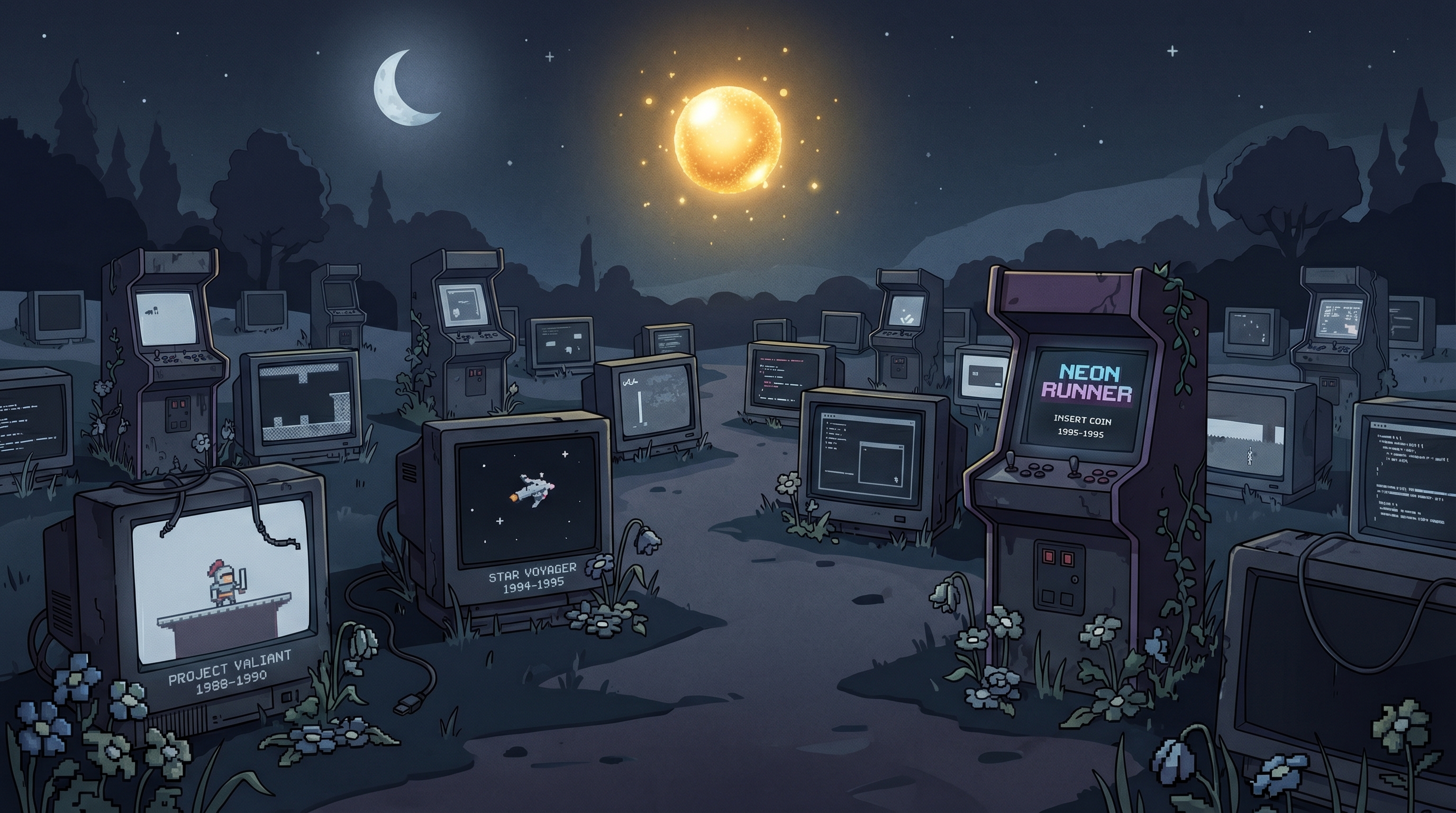 A graveyard of half-finished game projects — tombstones shaped like monitors and game controllers, each displaying fragments of abandoned prototypes, with one glowing new-project spark floating above like a will-o'-the-wisp.