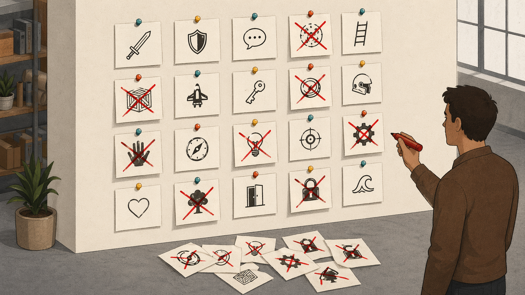 An isometric studio feature wall where half of the pinned feature cards are slashed through with a red marker X and beginning to fall into a pile on the floor, while a designer in profile holds the red marker mid-stroke.