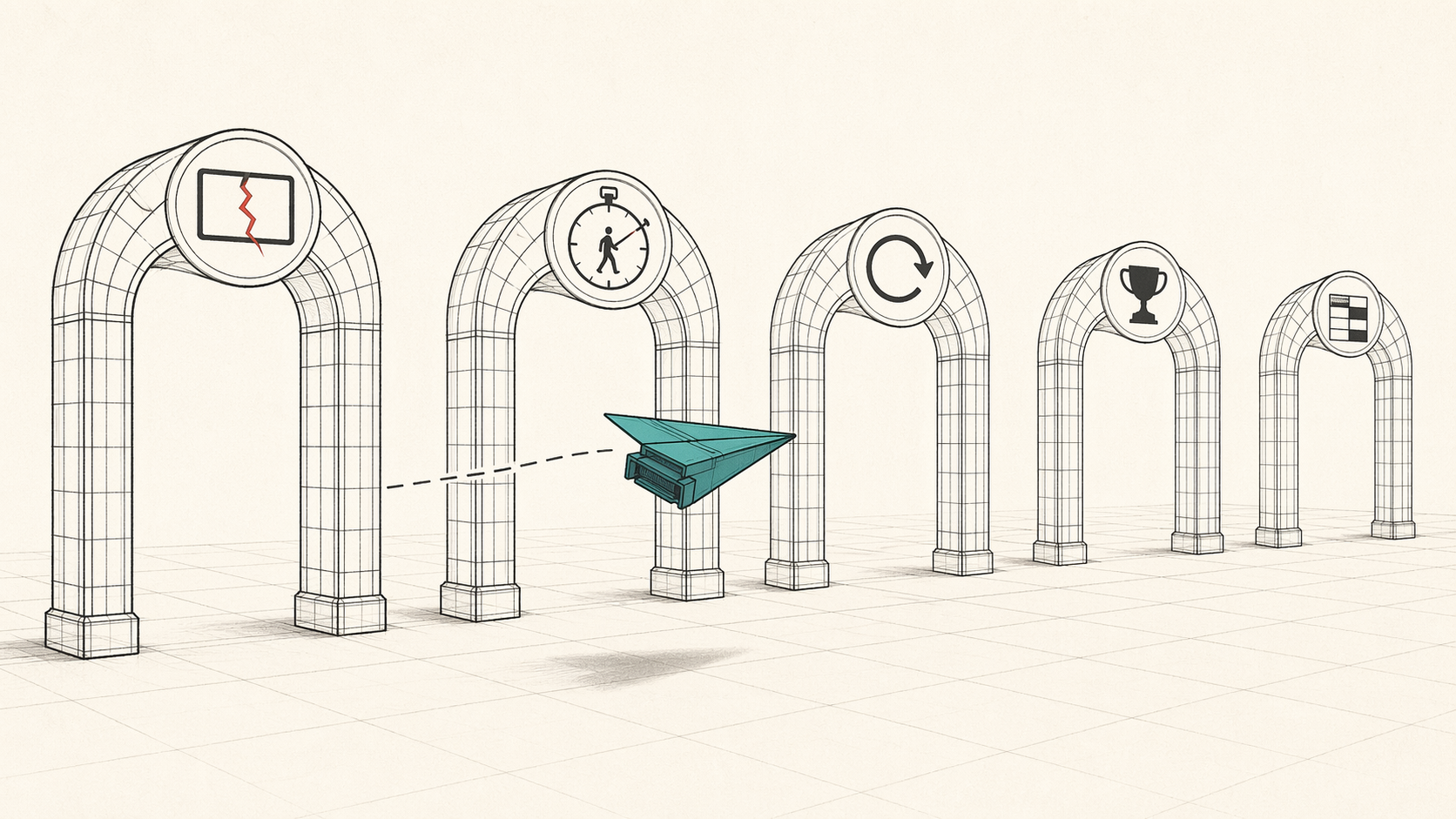 A row of five checkpoint gate arches in one-point perspective, each topped with a small pictogram (cracked screen, stopwatch, loop arrow, trophy, two-column spreadsheet), with a paper-airplane game cartridge traveling through them left to right.