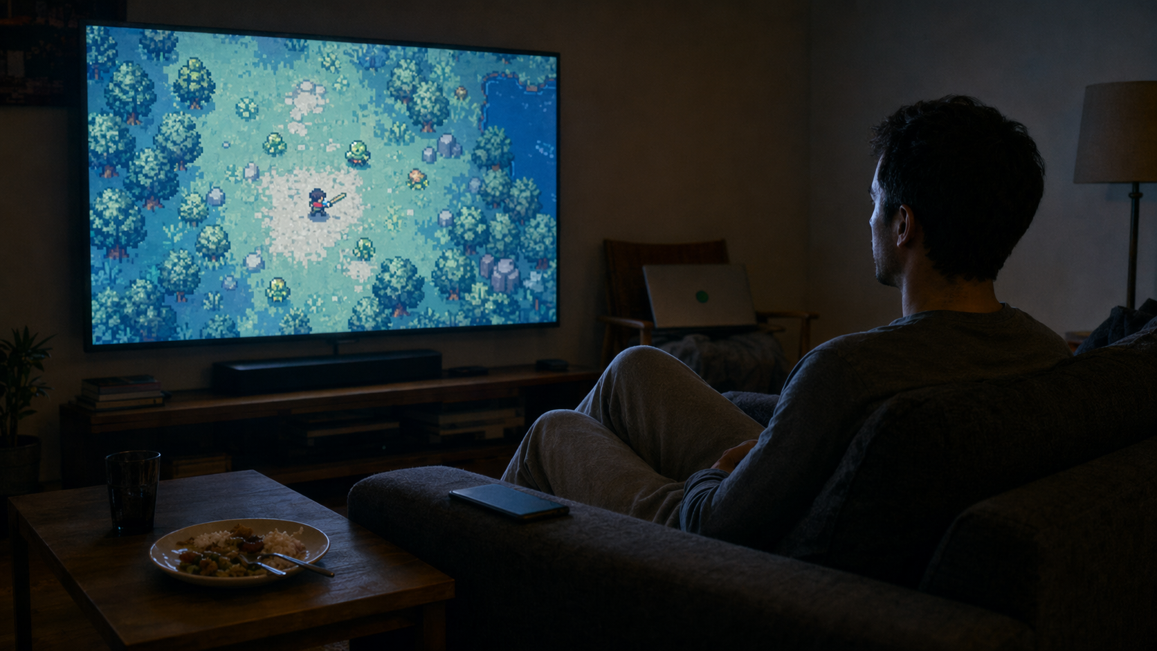 A solo dev sits on a couch in a dark living room, back-lit by a large TV screen playing gameplay footage of their released game. Their phone rests face-down on the armrest beside them, and a half-eaten plate of dinner sits cooling on the coffee table.