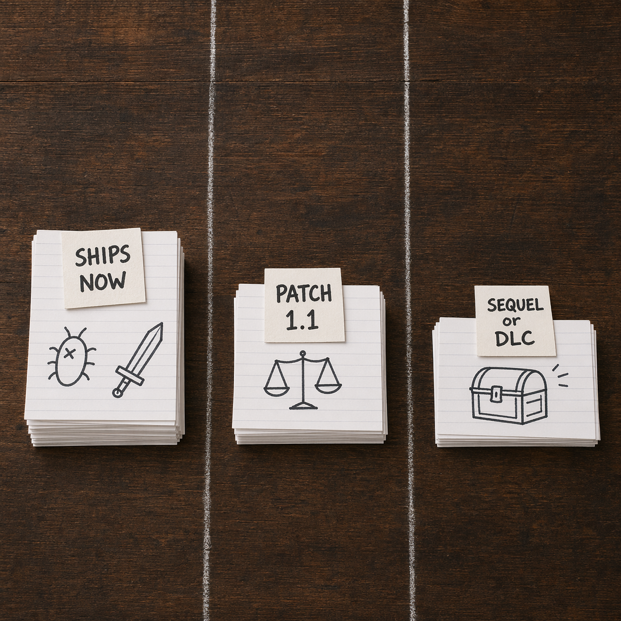 Overhead flat-lay of a wooden desk with three neat piles of index cards separated by faint chalk lines. The left pile labeled SHIPS NOW is largest, the middle pile labeled PATCH 1.1 is medium, and the right pile labeled SEQUEL or DLC is smallest.