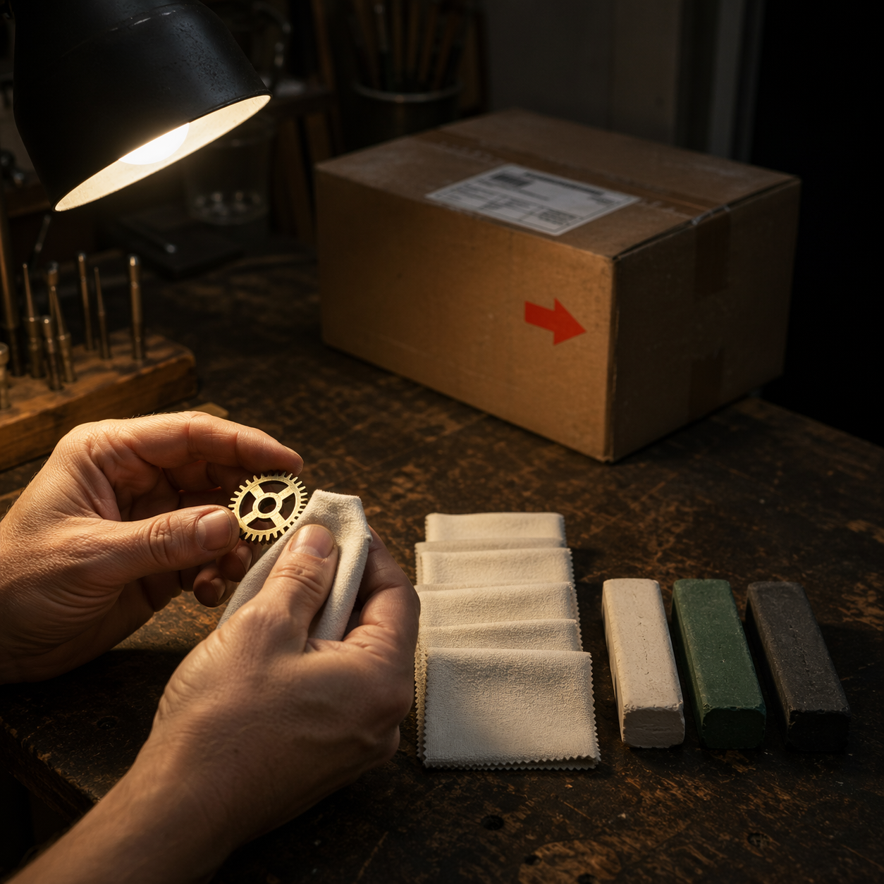 A pair of hands polishing a single small brass cog to a mirror shine on a lit workbench, while behind them in shadow sits a large unopened cardboard shipping box addressed with a printed label.