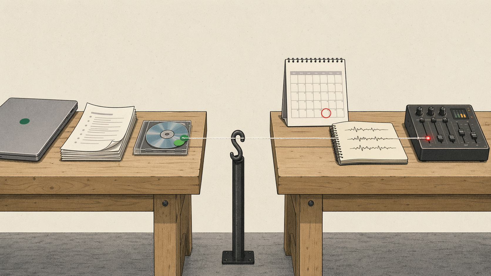 Two workbenches connected by a single taut cotton thread. On the left bench, a completed game build disc sits ready; on the right bench, an audio-mastering console has a red recording light on and an open calendar showing a circled session date. The thread passes through a simple metal hook mounted between the two benches.