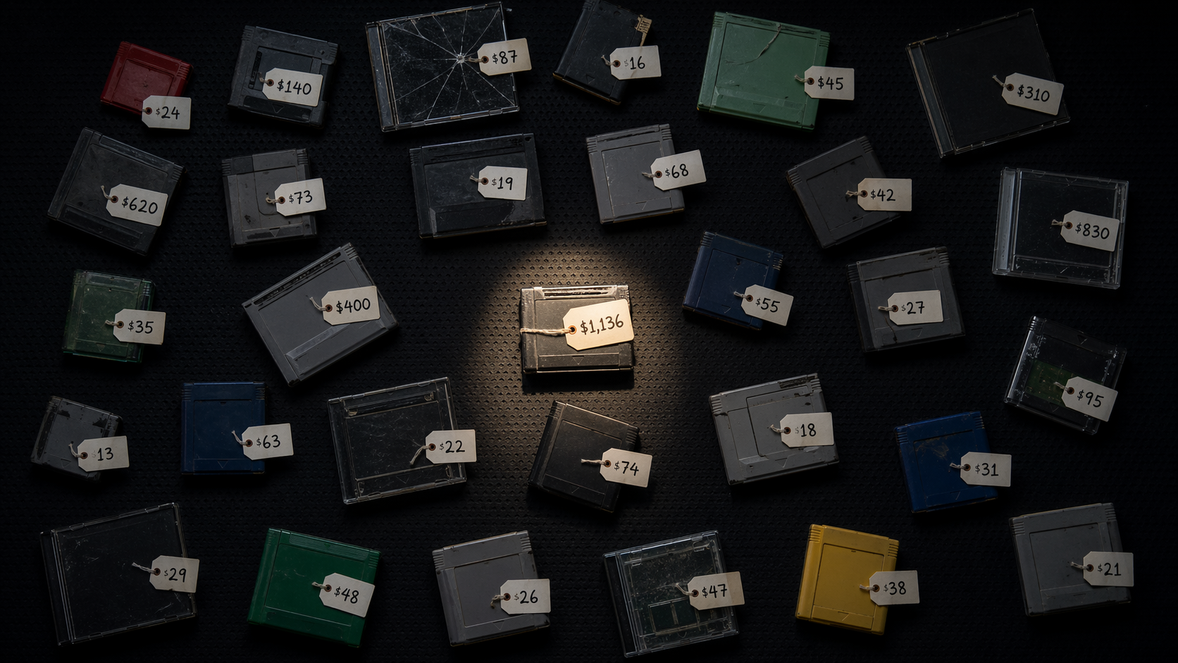 Overhead crime-scene flatlay of roughly thirty generic game cartridges scattered on a dark mat, each with a small handwritten evidence tag showing a three-digit dollar amount, with one cartridge in the center highlighted by a narrow spotlight and tagged $1,136 - the median indie-game lifetime earnings.