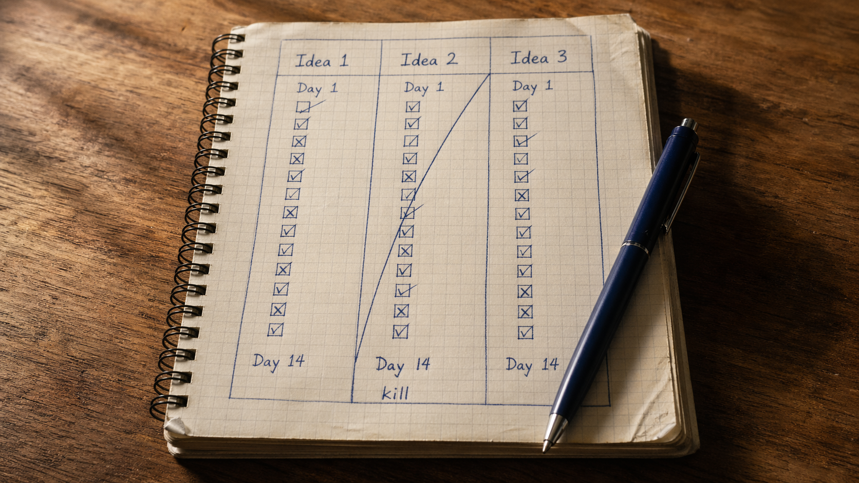 Macro close-up of an open A5 grid notebook on a wooden desk showing three hand-drawn columns labeled Idea 1, Idea 2, Idea 3, each with a 14-row daily checklist from Day 1 to Day 14; one column is crossed through with a diagonal line and the handwritten word 'kill.'