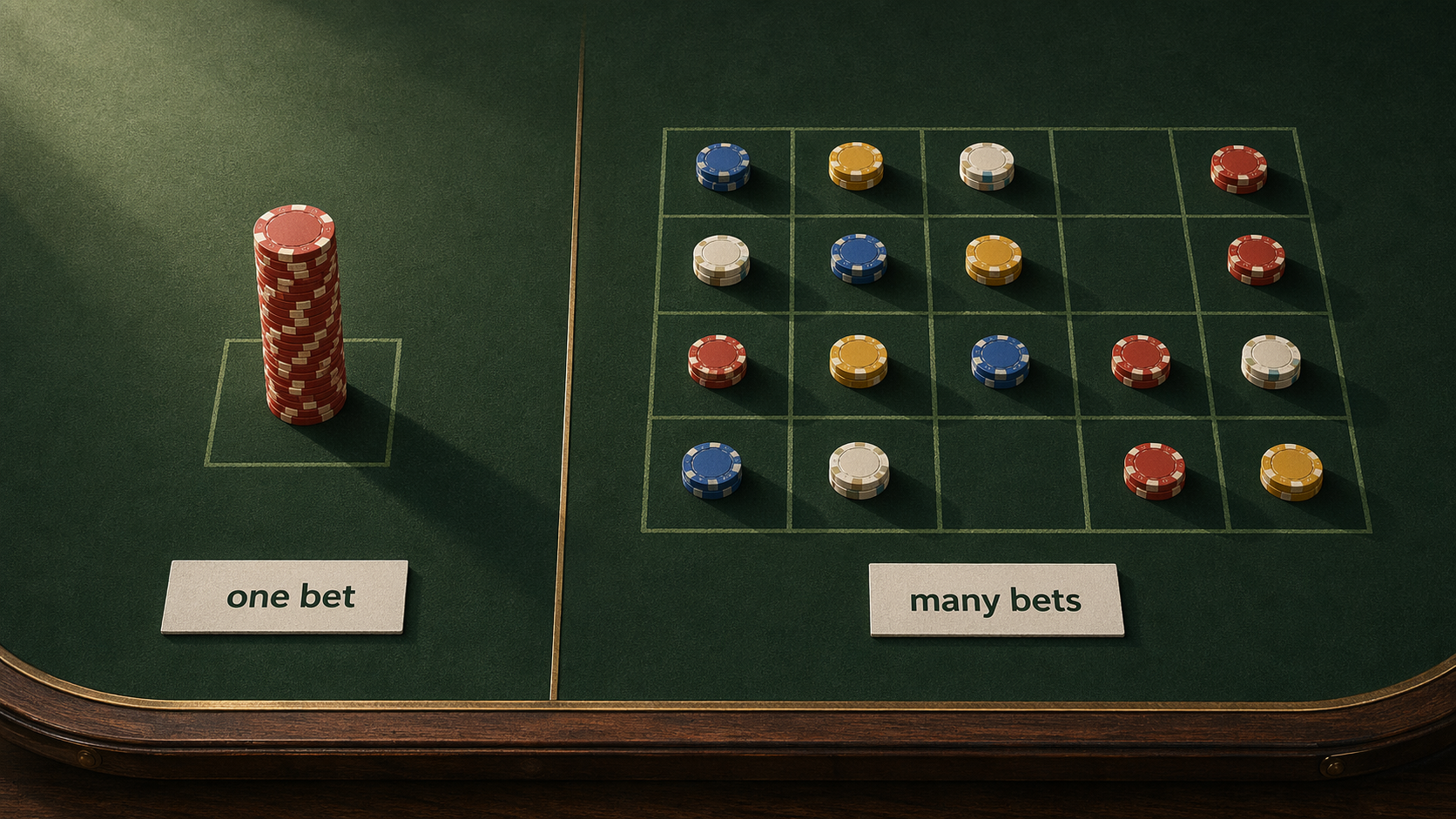 Isometric infographic illustration of a green felt betting table split down the middle: on the left, one single tower of ten tall red casino chips on a single square labeled 'one bet'; on the right, twenty short towers of mixed-color chips spread across a grid of squares labeled 'many bets' - visualizing a portfolio approach to indie-game bet-sizing.