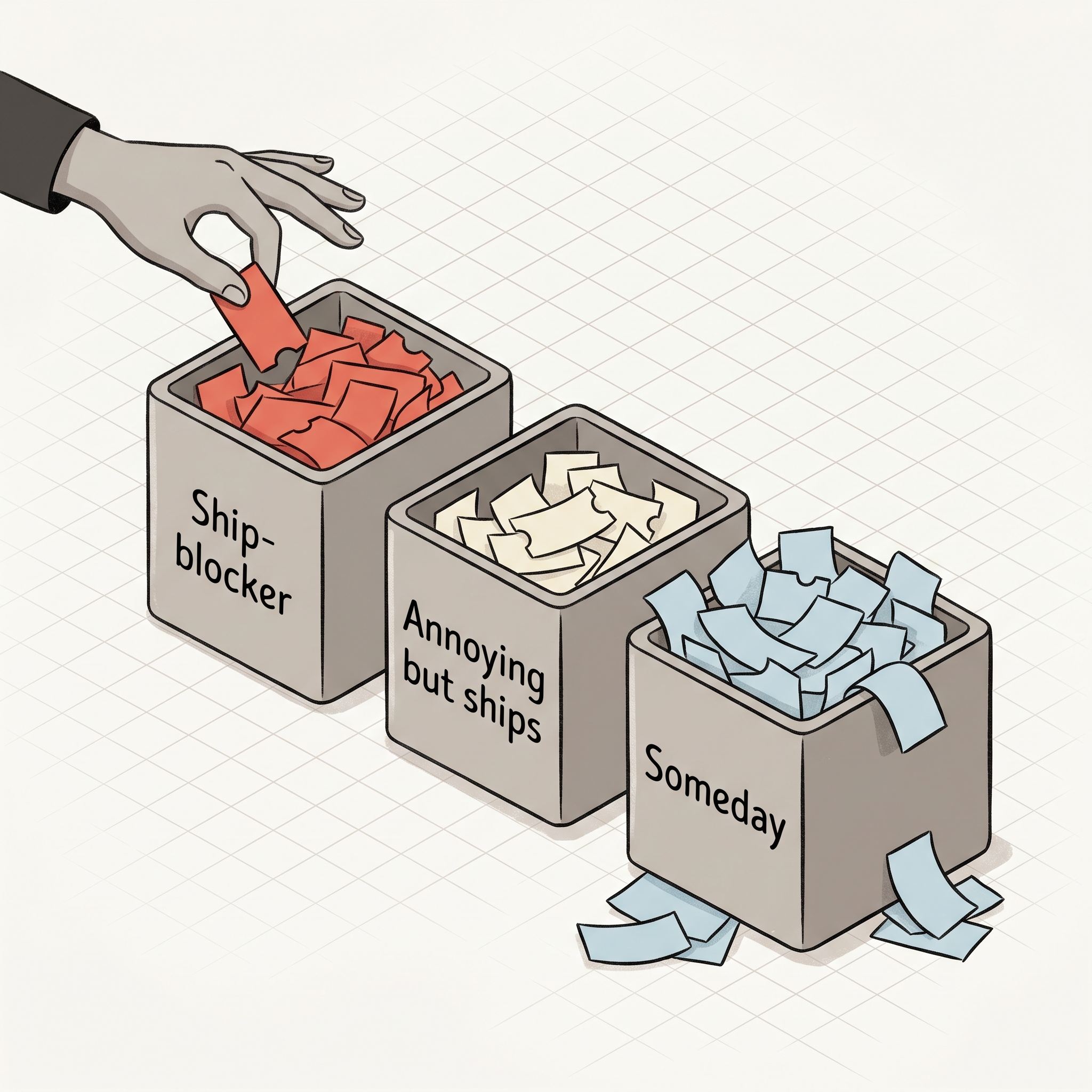 An isometric illustration of three labeled buckets — Ship-blocker, Annoying but ships, Someday — with paper tickets being sorted into each.